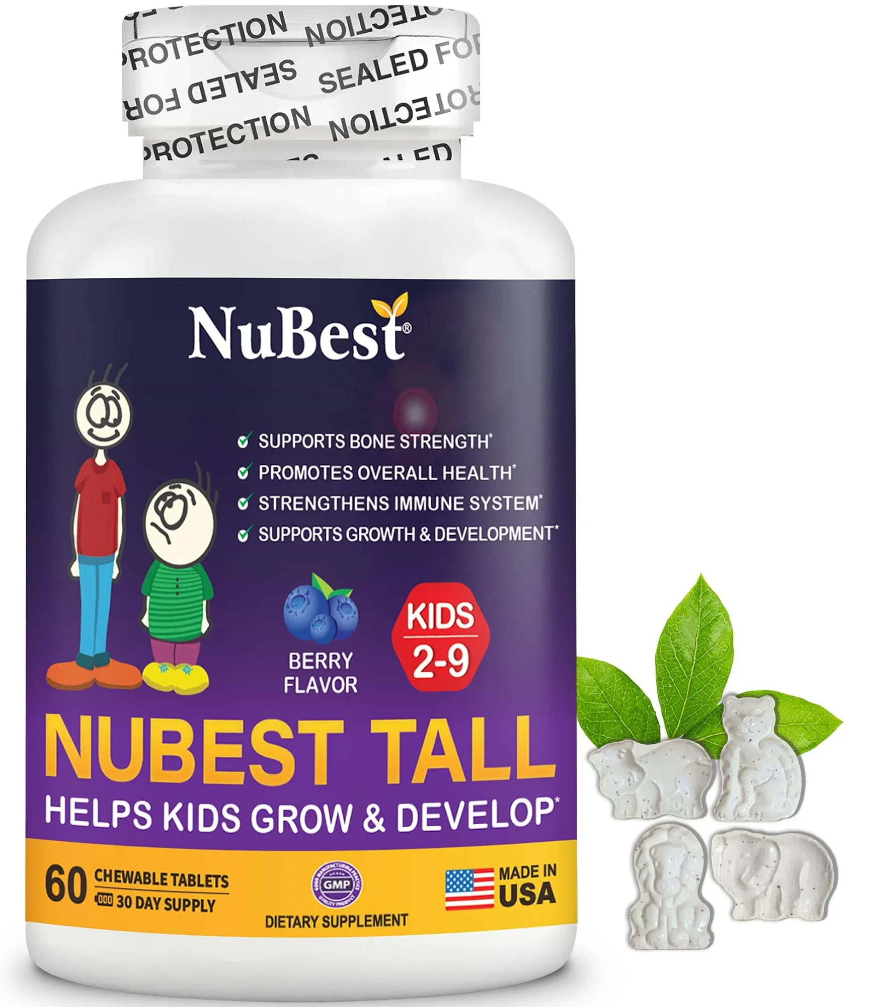 NuBest Tall Kids - Support Bone Strength, Immunity, and Development for Kids Ages 2 to 9-90 Chewable Berry Tablets with Fun Animal Shapes (1 Pack)