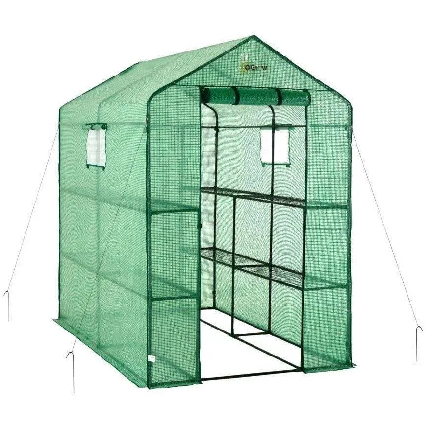 Machrus Ogrow Deluxe Walk-In Greenhouse with 2 Tiers and 8 Shelves - Green Cover