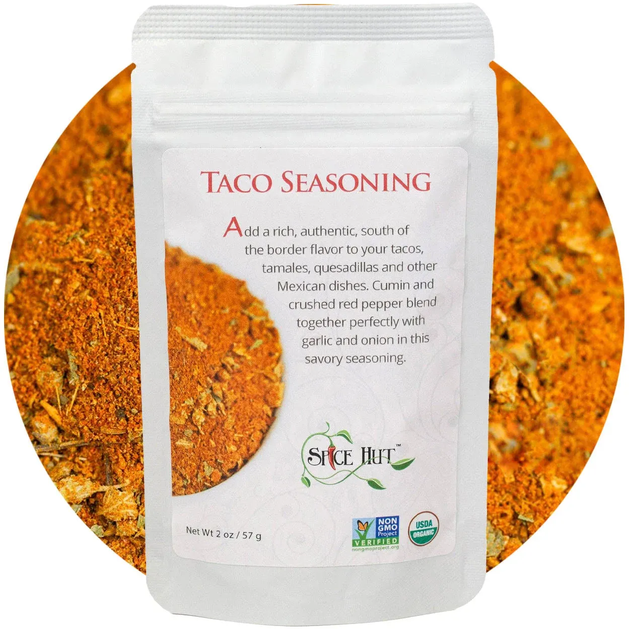 Organic Taco Seasoning Mix by Spice Hut, Salt-Free, Authentic Southwestern Seasoning for Cooking Flavorful Carne Asada, Beef, Carnitas, Tacos, Burrito / Especias Orgánicas Para Tacos / All-Natural, Kosher, Vegan, Gluten Free, Keto -No MSG- 2oz Pack