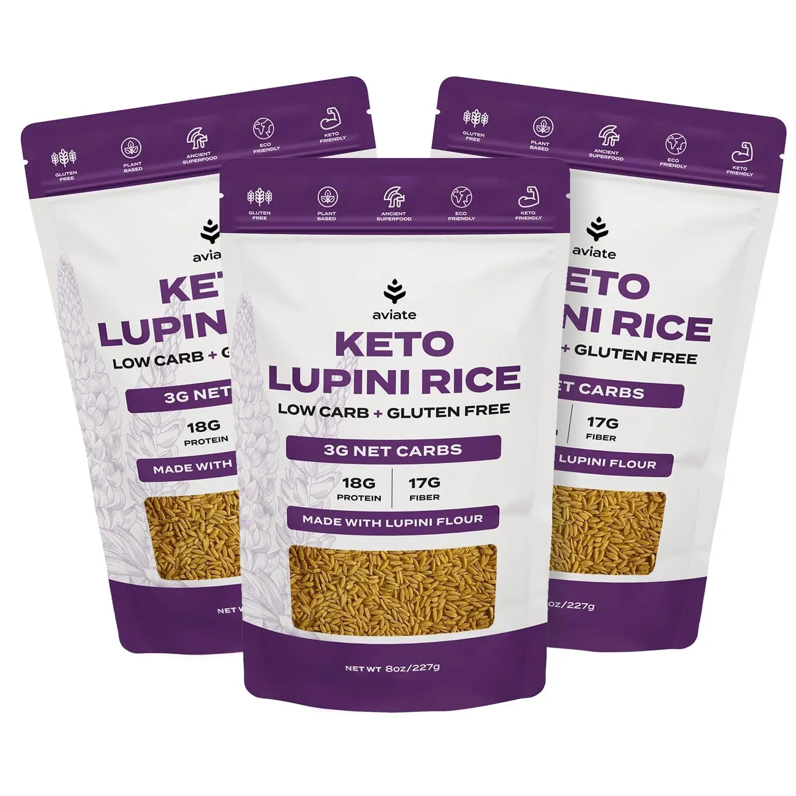 Aviate Keto Rice Orzo - Low Carb 3g Net Lupini Rice/Pasta High Protein 18g Gl...