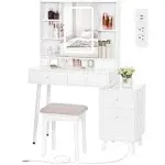 BEWISHOME Vanity Desk, White Vanity with Charging Station & Nightstand