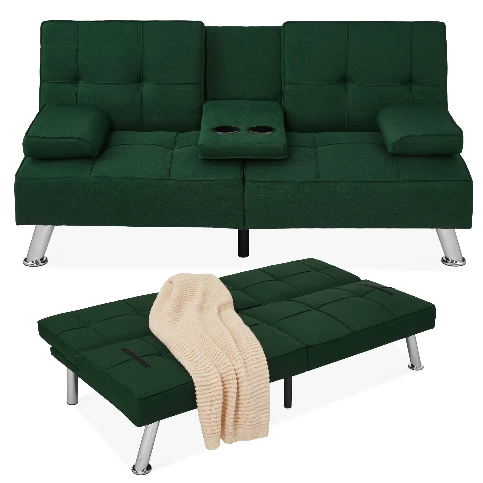 Best Choice Products Modern Linen Convertible Futon Sofa Bed w/ Removable Armrests, Metal Legs, Cupholders - Dark Green