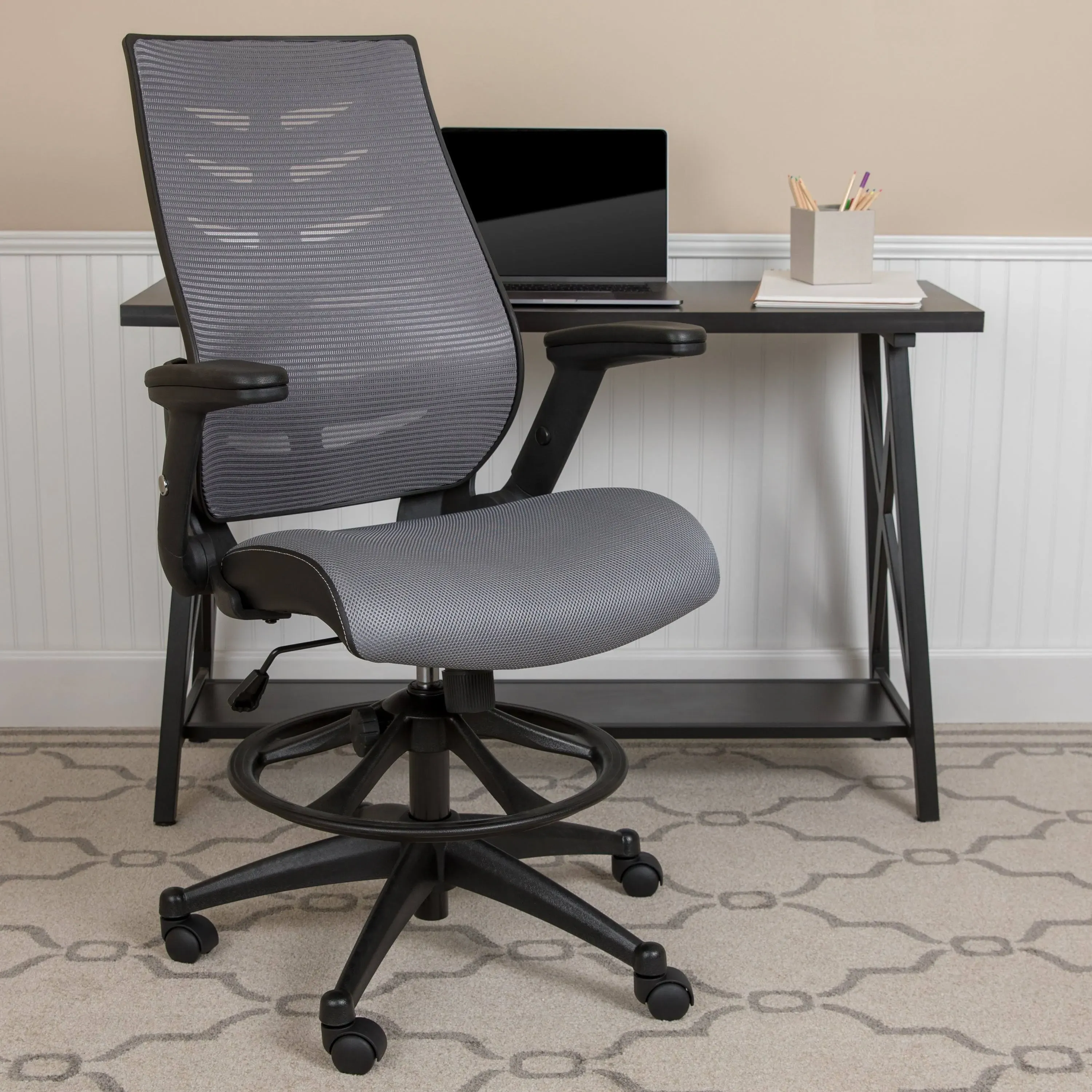 High Back Mesh Ergonomic Drafting Chair With Adjustable Flip-up Arms In Dark Gray