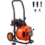 VEVOR Drain Cleaner Machine 75FT x 1/2Inch, Auto Feed Sewer Snake Auger with 4 Cutter & Air-activated Foot Switch for 1" to 4" Pipes, Orange, Black