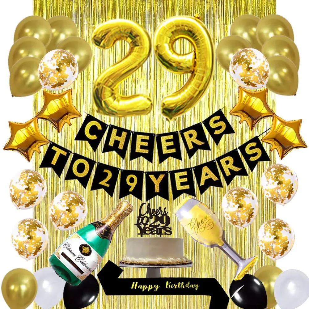 Gold 29th Birthday Decorations kit, Cheers to 29 Years Banner Balloons,29th Cake Topper Birthday Sash, Gold Tinsel Foil Fringe Curtains, for 29 Birthday&Anniversary Decorations