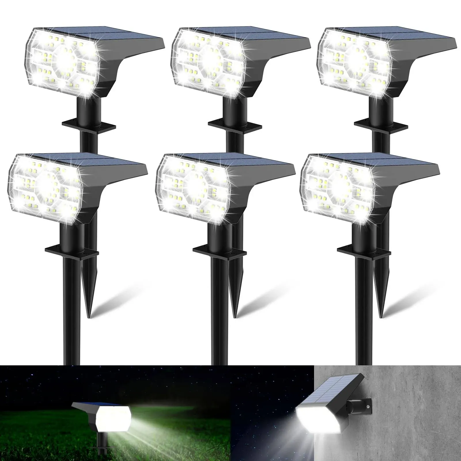 Kaxiida Solar Lights Outdoor Waterproof, 56 LED Solar Garden Pathway Lights, 3 Lighting Modes Solar Powered Landscape Lights Wall Lights in One- White, 6 Pack