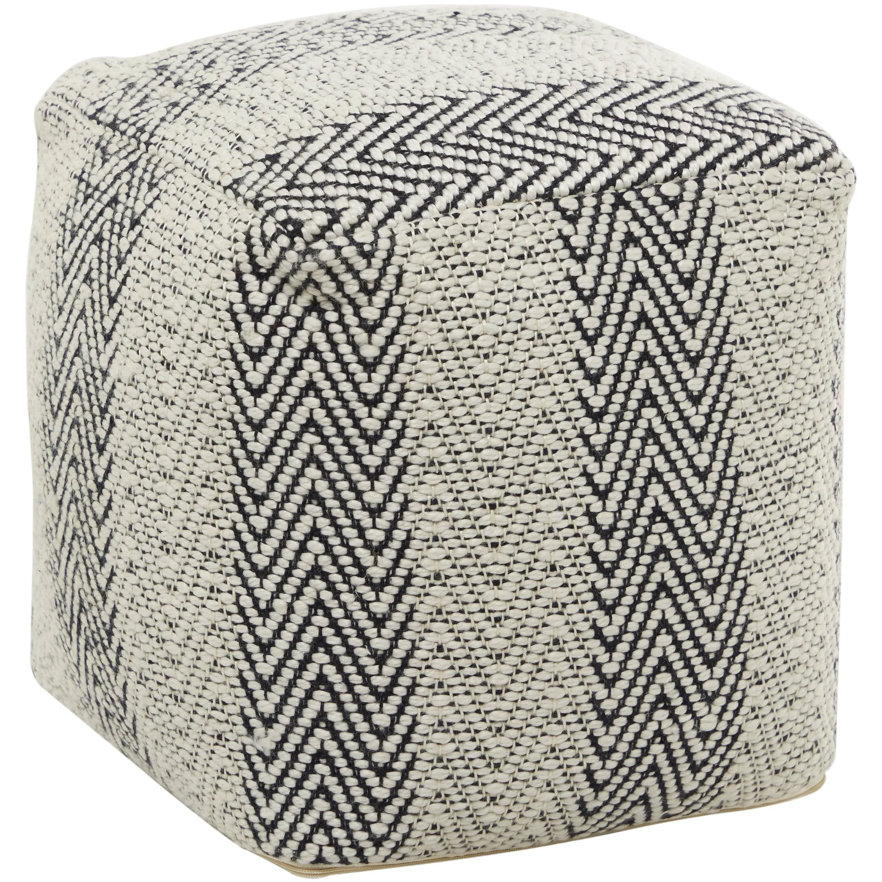 Decmode White Fabric Pouf with Chevron Pattern, Size: Medium