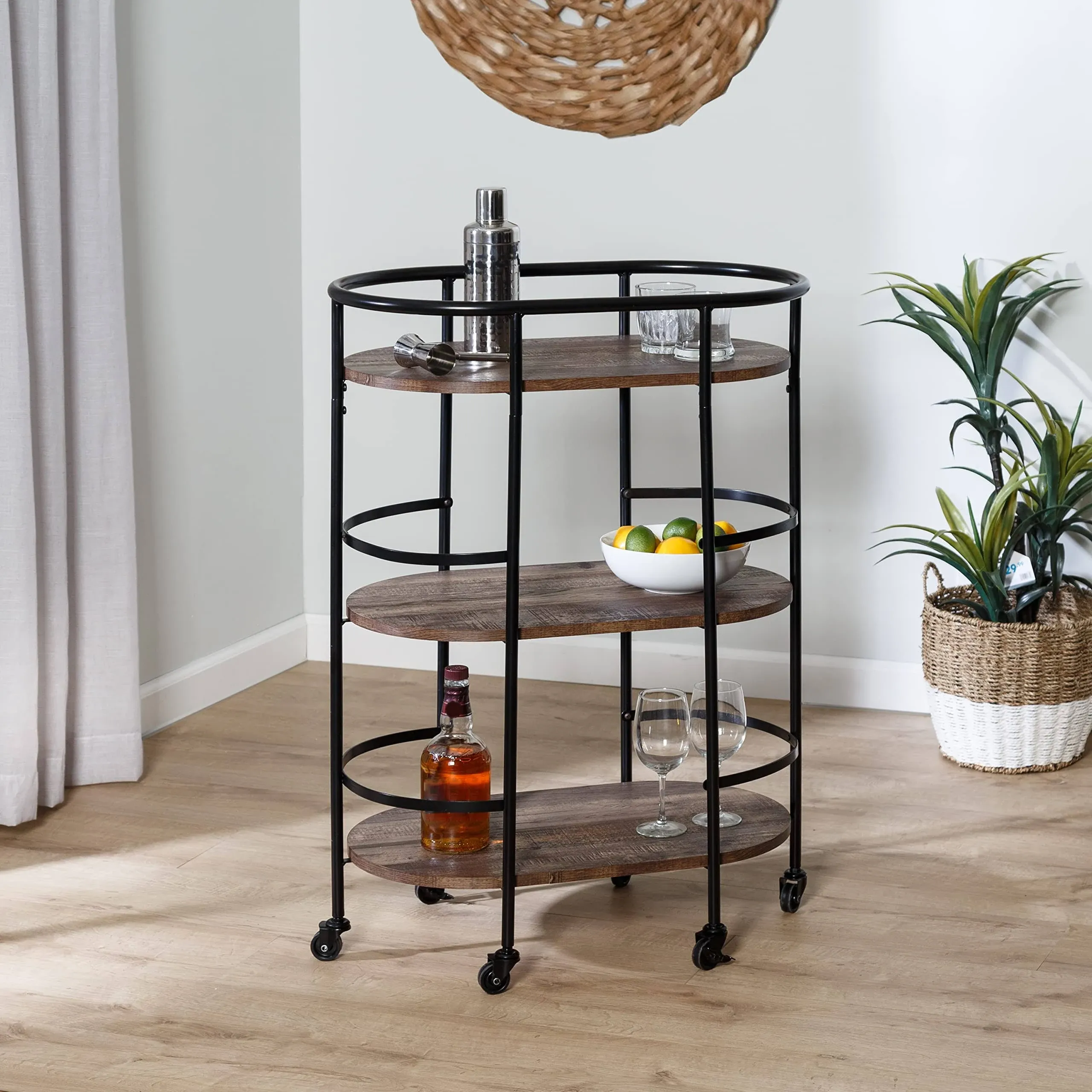 Honey Can Do 3-Tier Rolling Bar &amp; Serving Cart Black &amp; Rustic Brown CRT-09862...