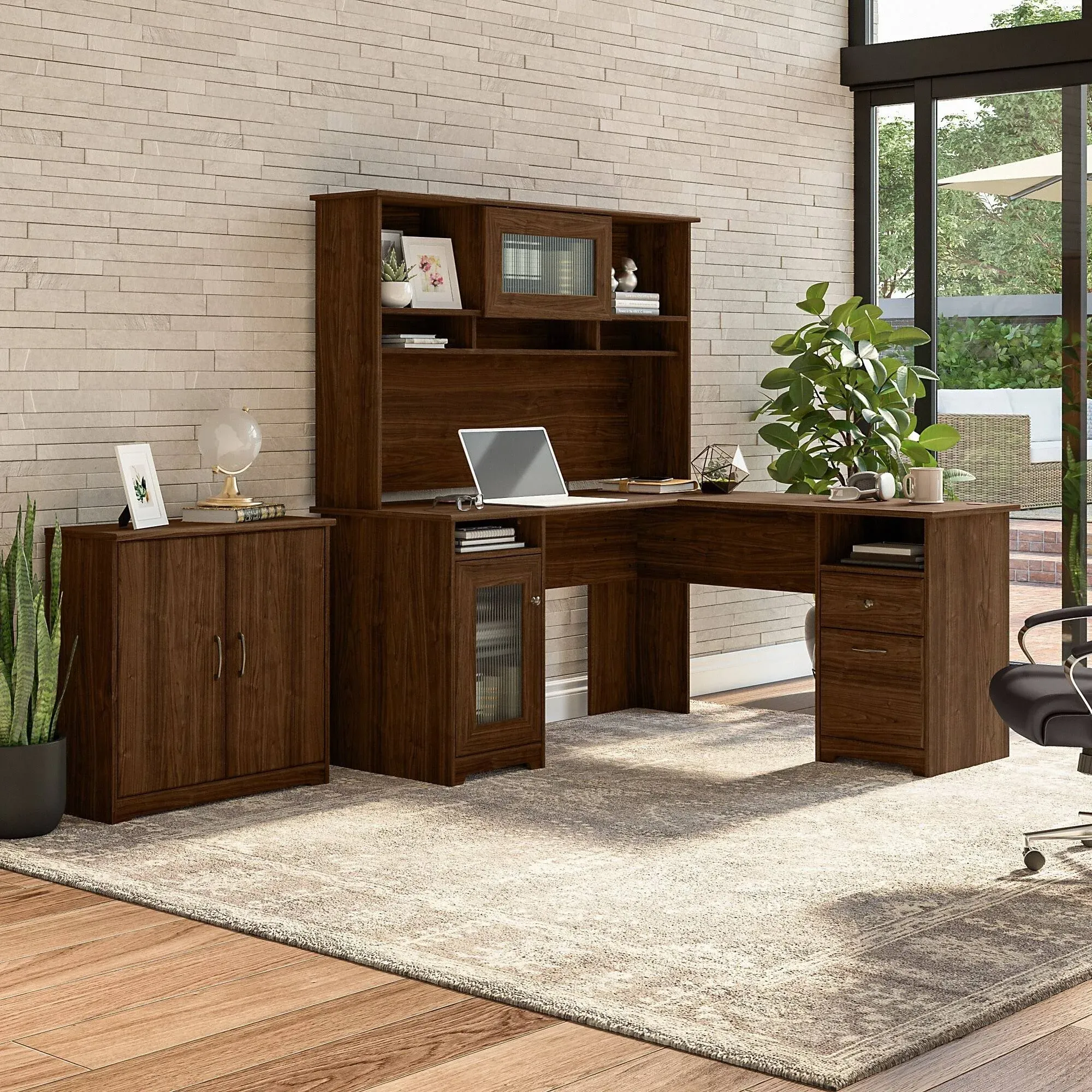 Cabot 60W L Shaped Computer Desk with Hutch and Small Storage Cabinet