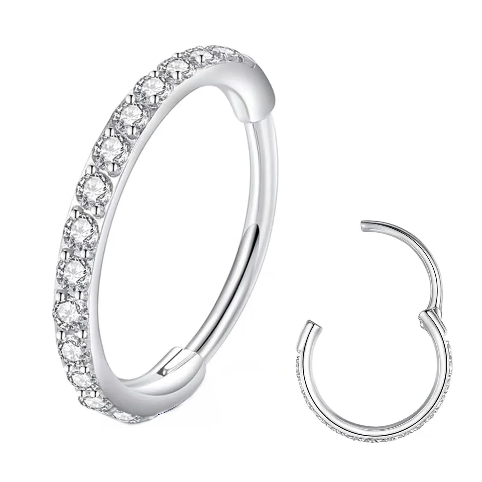 Clear CZ Nose Rings Hoop 316L Surgical Steel Cartilage Earrings Conch Daith Helix Rook Tragus Lobe Snug Body Piercing Jewelry 20G 18G 16G Stainless Steel Hinged Segment Rings Lip Rings