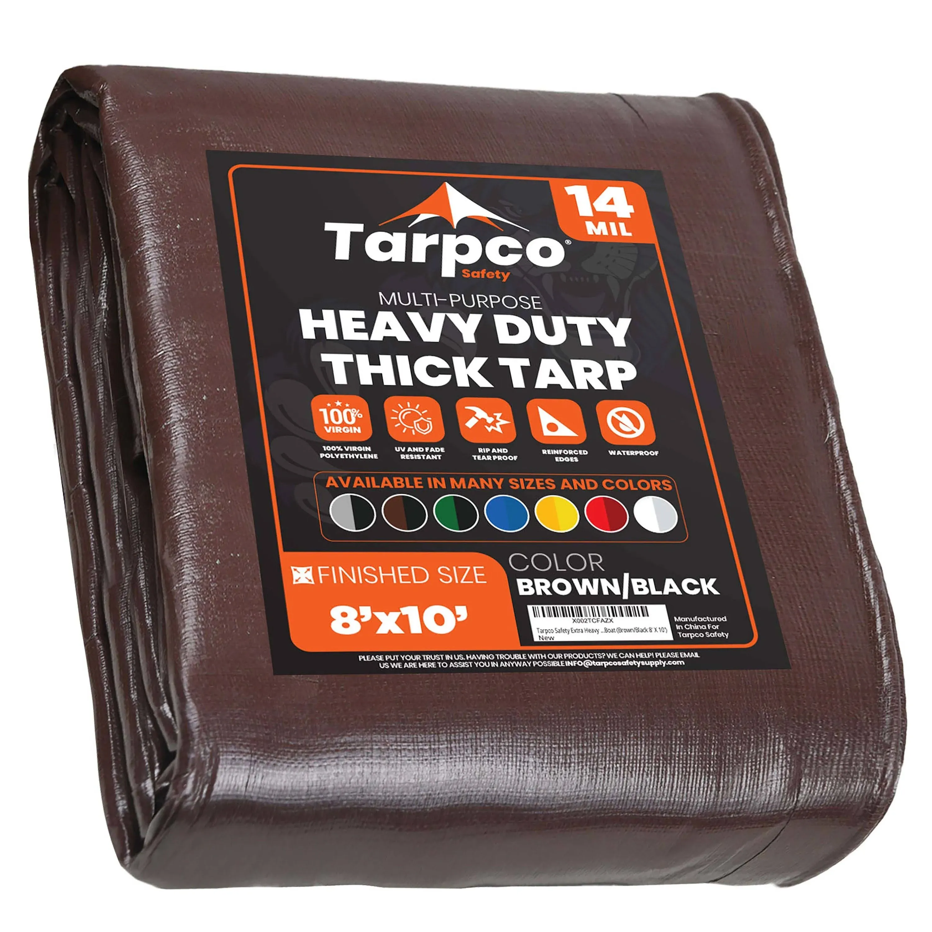 Tarpco Safety Extra Heavy Duty 14 Mil Tarp Cover, Waterproof, UV Resistant, Rip and Tear Proof, Poly Tarpaulin with Reinforced Edges for Roof, Camping, Patio, Pool, Boat (Brown/Black 8′ X 10′)