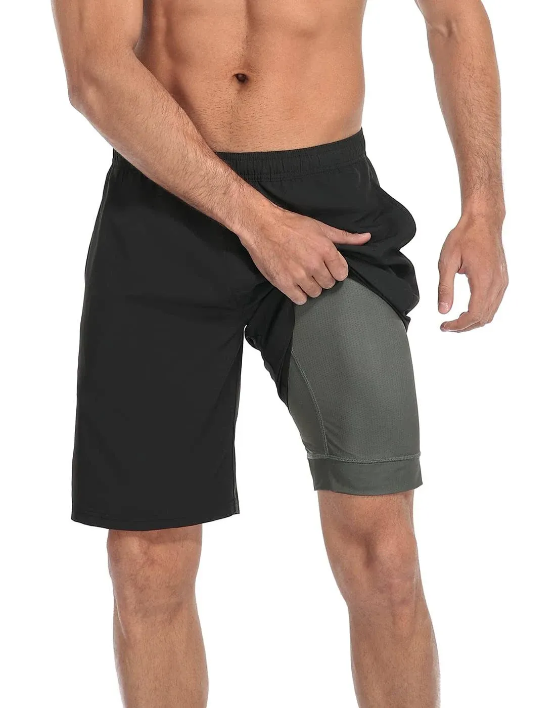 LRD Mens 9" Swim Trunks with Compression Liner Black / Gray / Large