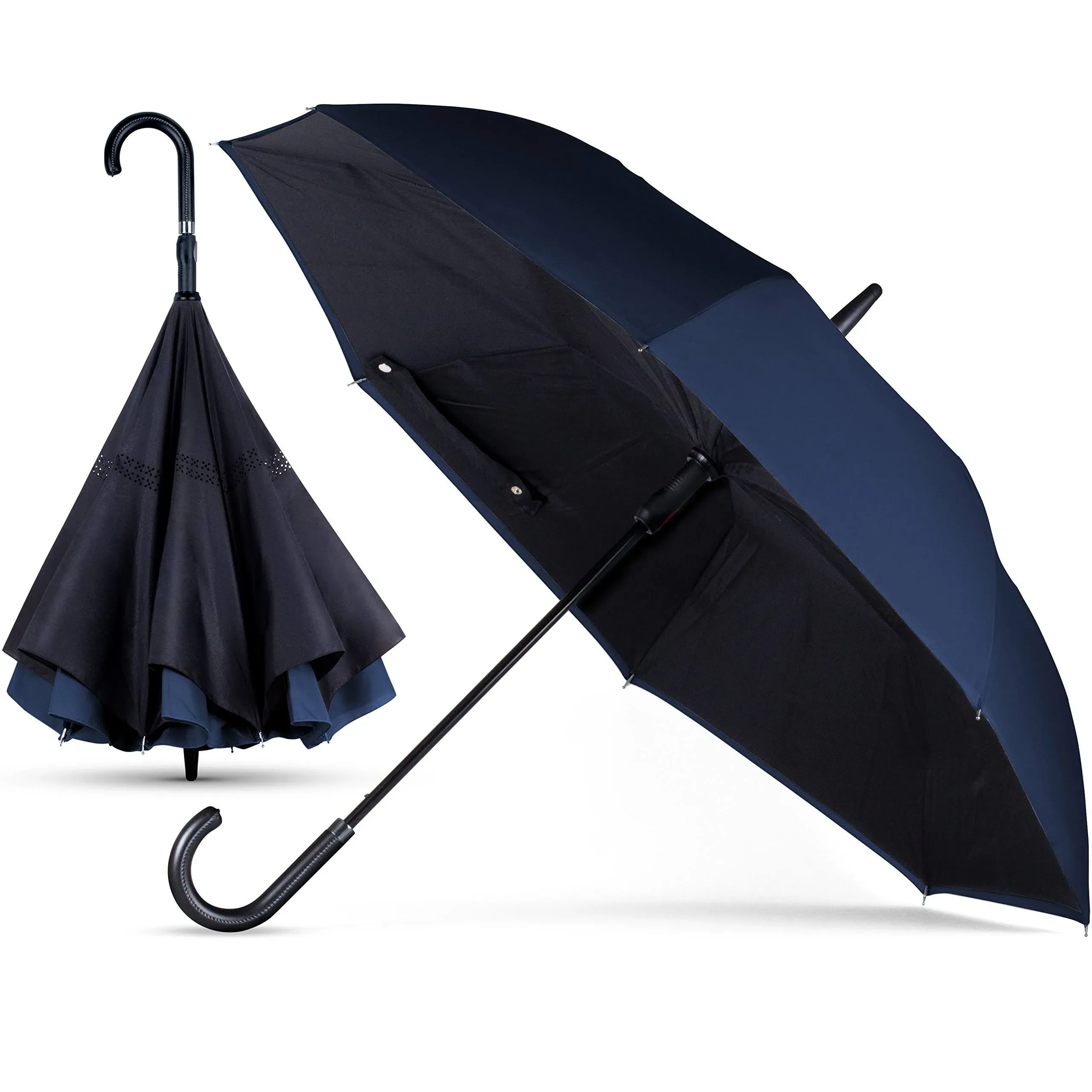 Inverted Dual Canopy Umbrella for Wind, Rain, and UV Rays, Compact Umbrella for up to 50 MPH Winds, Umbrella Colors in Sapphire Navy