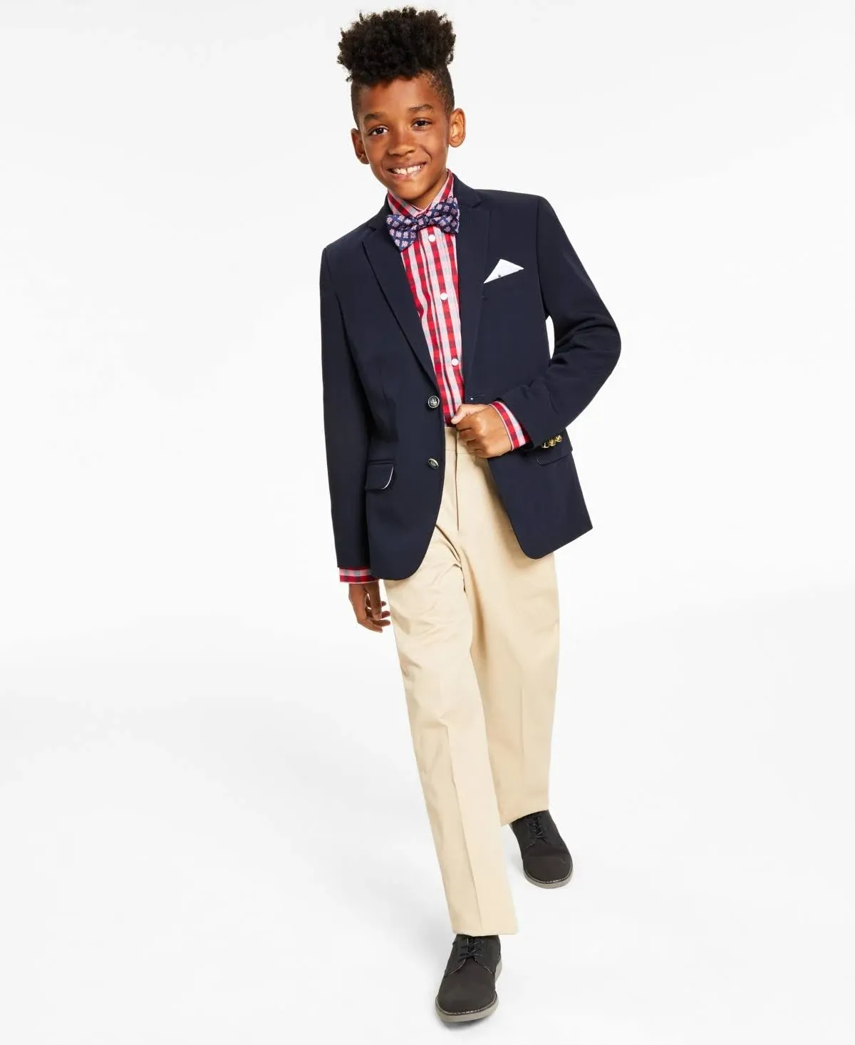 Tommy Hilfiger Boys' Bi-Stretch Alexander Blazer, Single Breasted with Pocket Square, Solid Color with Flag Print Lining