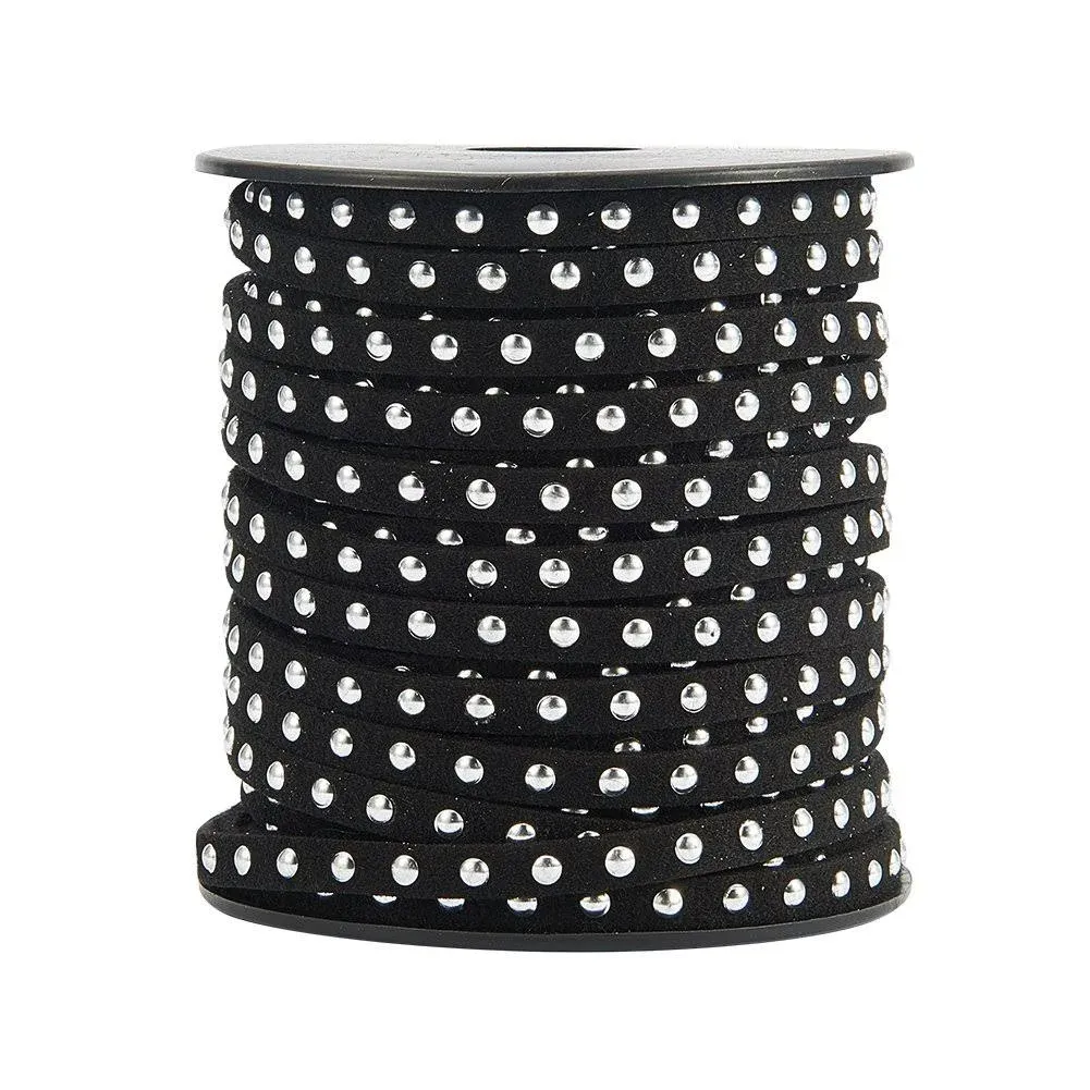 Silver Aluminum Studded Faux Suede Cord, Faux Suede Lace, Black, 5x2mm, about 20yards/roll