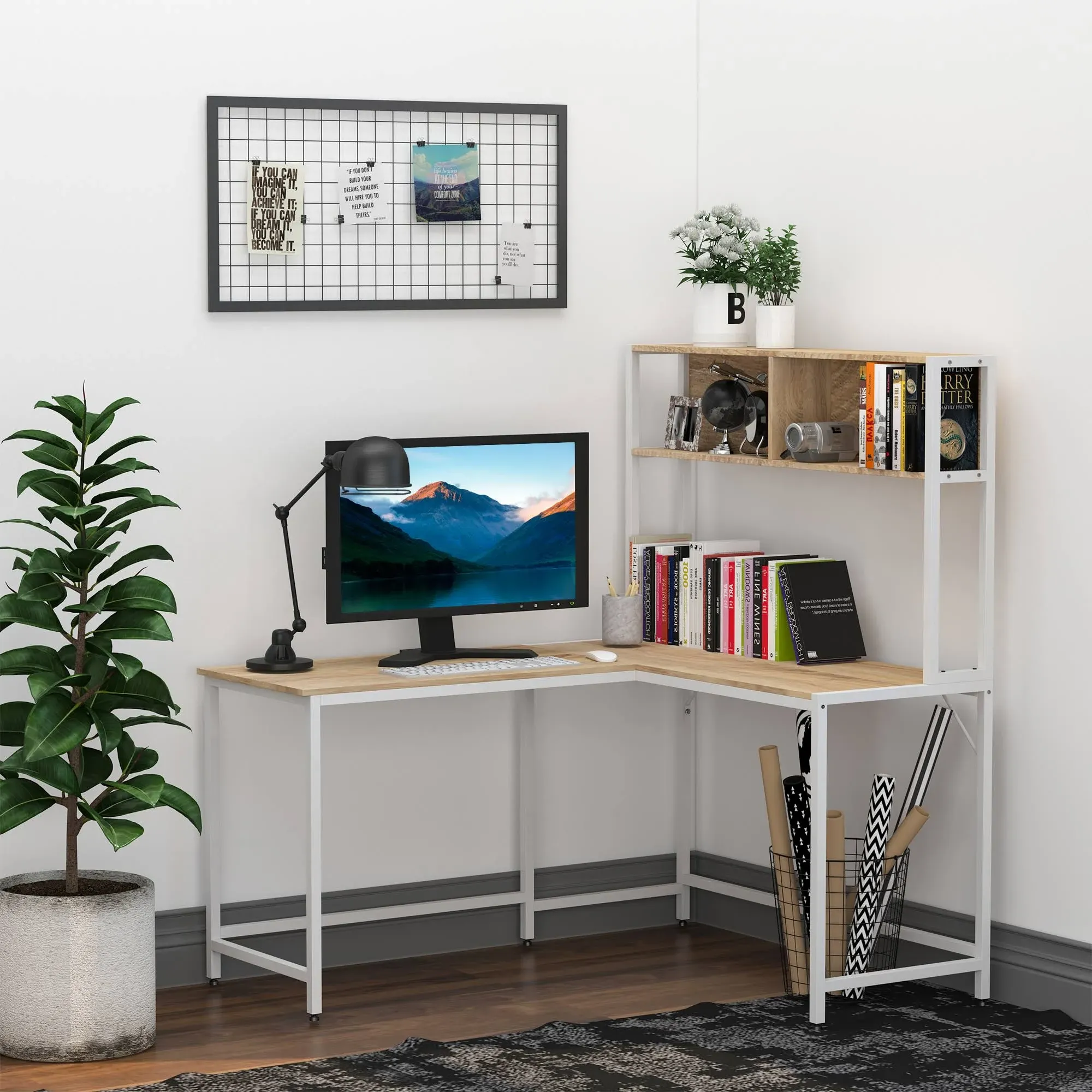 HOMCOM 55 inch L Shaped Computer Desk with Hutch