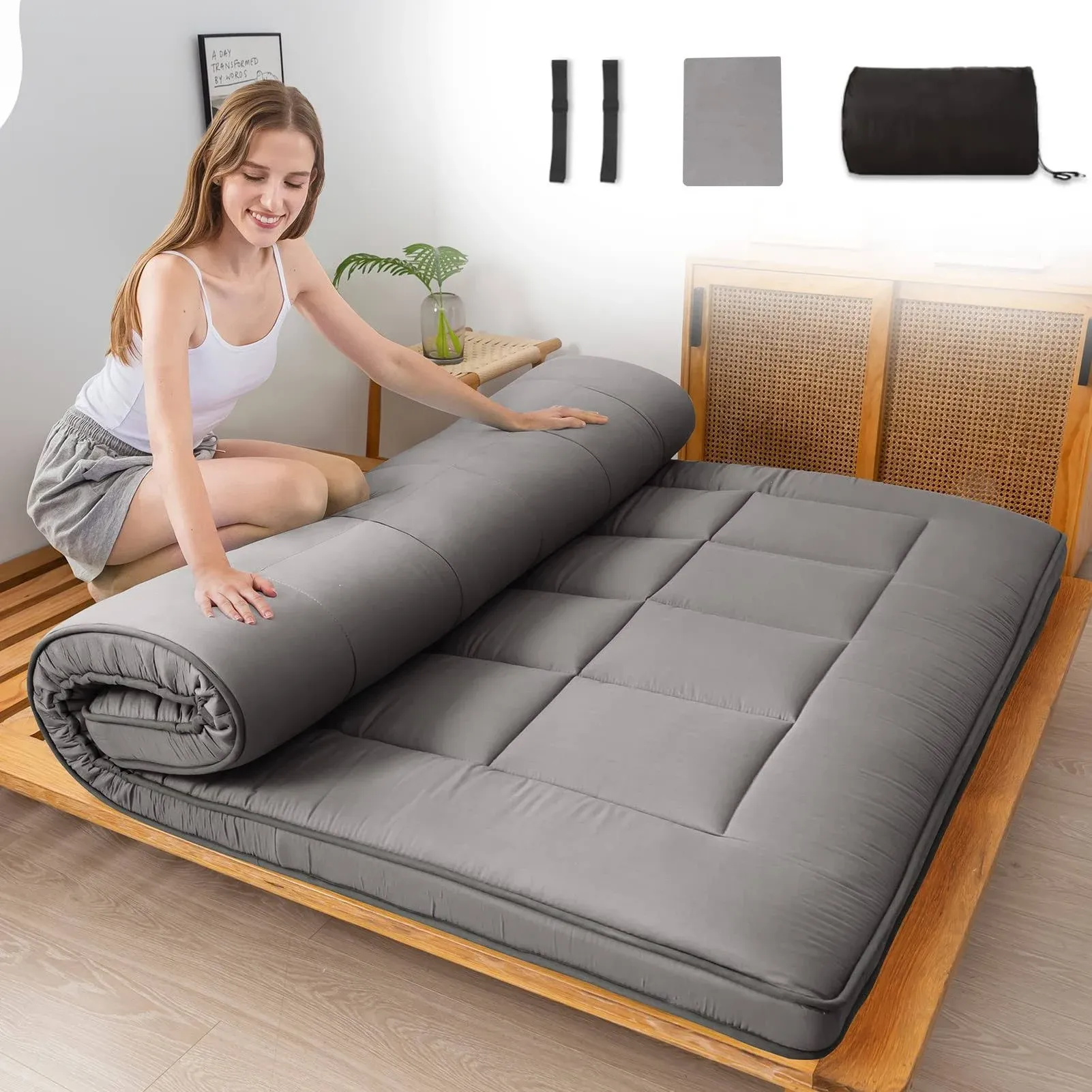 MAXYOYO Japanese Floor Mattress for Adults, 4" Thick Roll Up Floor Bed Futon ...