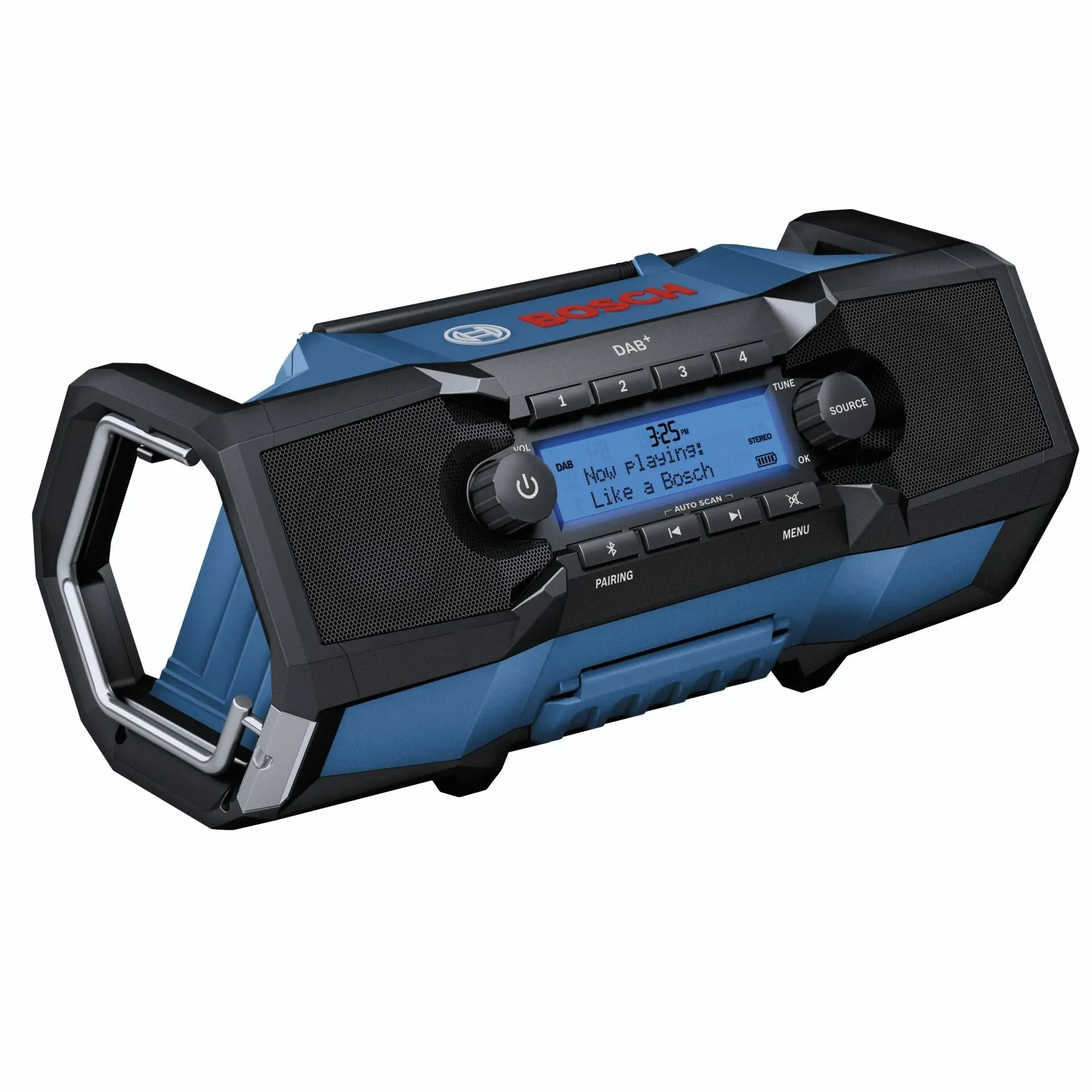 MEEGEEM Bosch Professional 18V System Akku Baustellenradio GPB 18V-2 SC (Empfang über DAB+, Bluetooth, FM und AUX, inklusive Netzteil, AUX-Kabel, 3V Lithium-Knopfzellen-Batterie, im Karton)