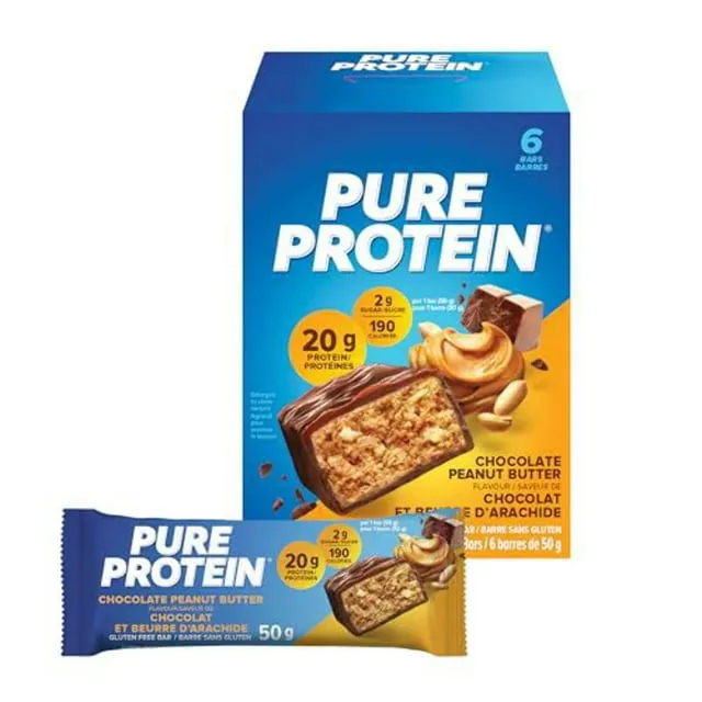 Pure Protein Bars, Gluten Free, Snack Bars, Chocolate Peanut Butter, 50 gram, 6 Count, {Imported from Canada}