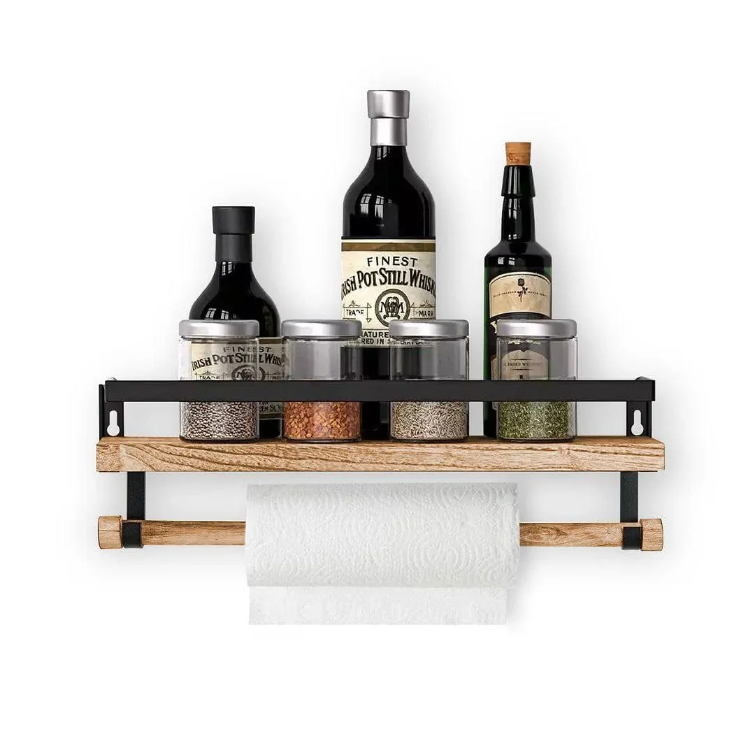 Halter Floating Shelf with Rail and Wooden Towel Rod, Wall Mounted, Brown