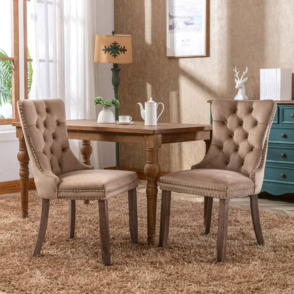 A&amp;A Furniture,Nikki Collection Modern, High-end Tufted Solid Wood Contemporary Velvet Upholstered Dining Chair with Wood Legs Nailhead Trim  2-Pcs Set，Khaki