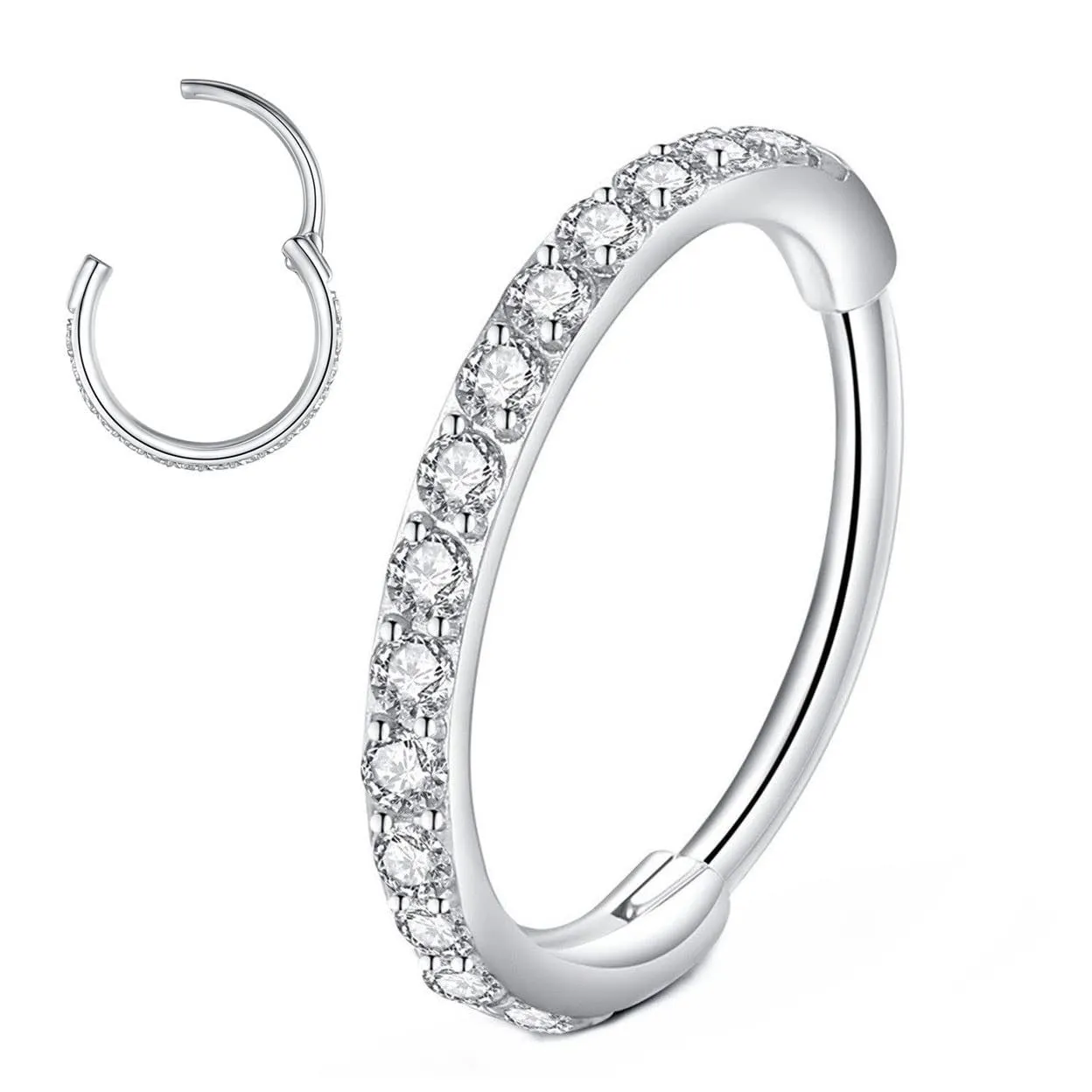 CZ Hinged Segment Nose Rings Hoop 316L Surgical Steel Cubic Zirconia Conch Da...