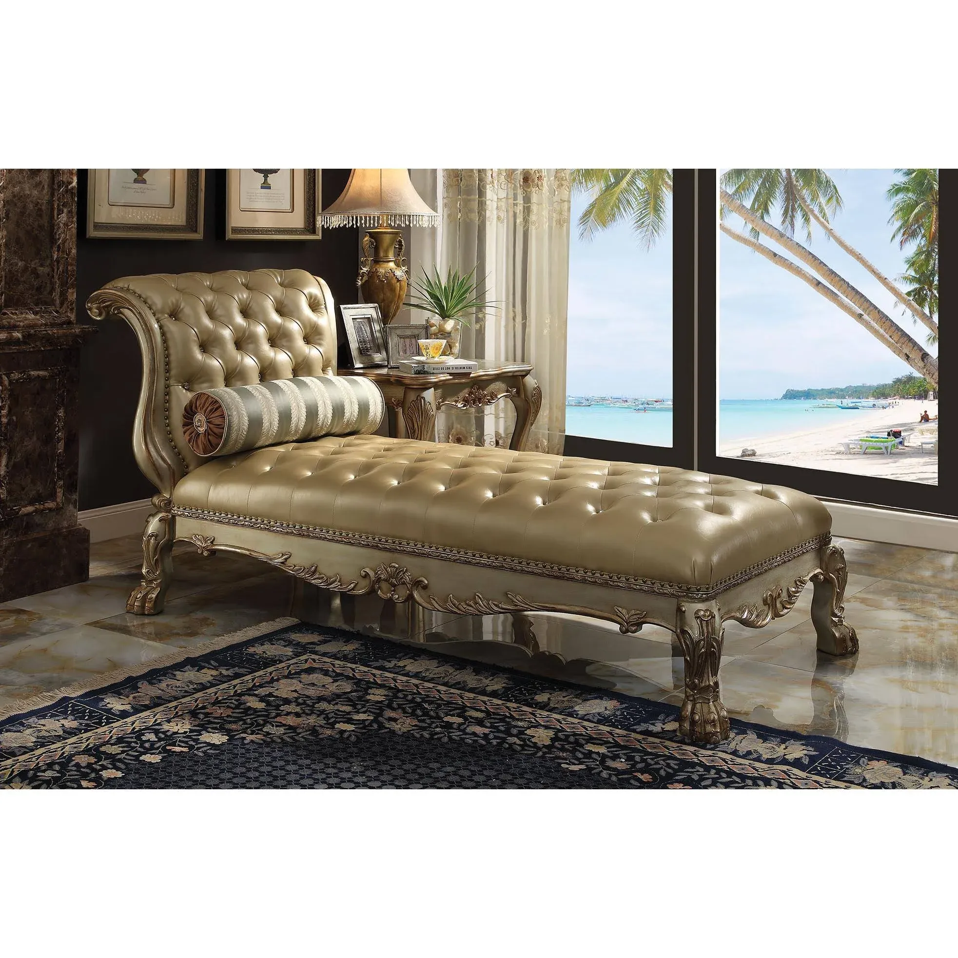 Acme Furniture Dresden - Chaise & Pillow Bone PU & Gold Patina