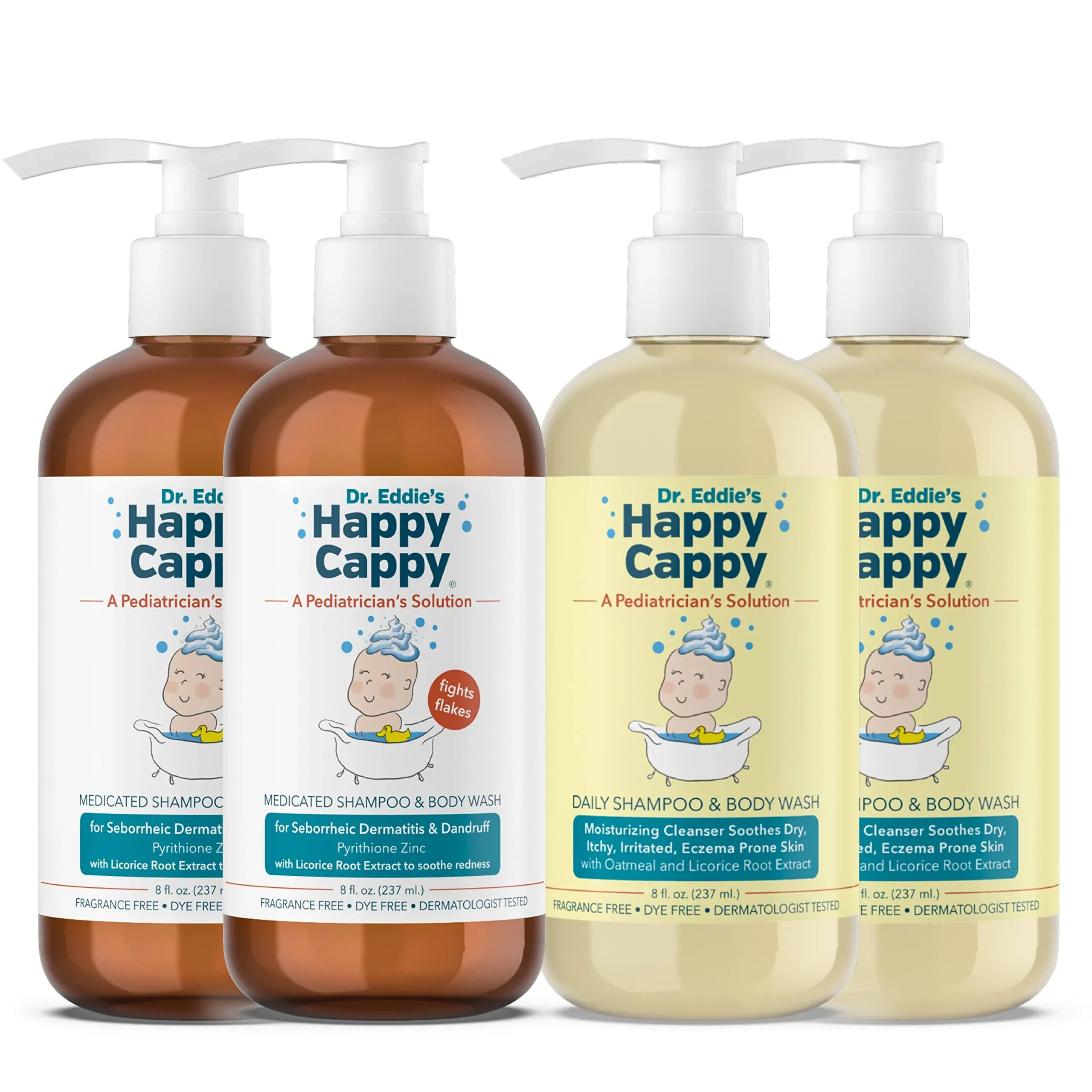 Happy Cappy Shampoo &amp; Body Wash Bundle 4 Pack Medicated Daily Bottles 