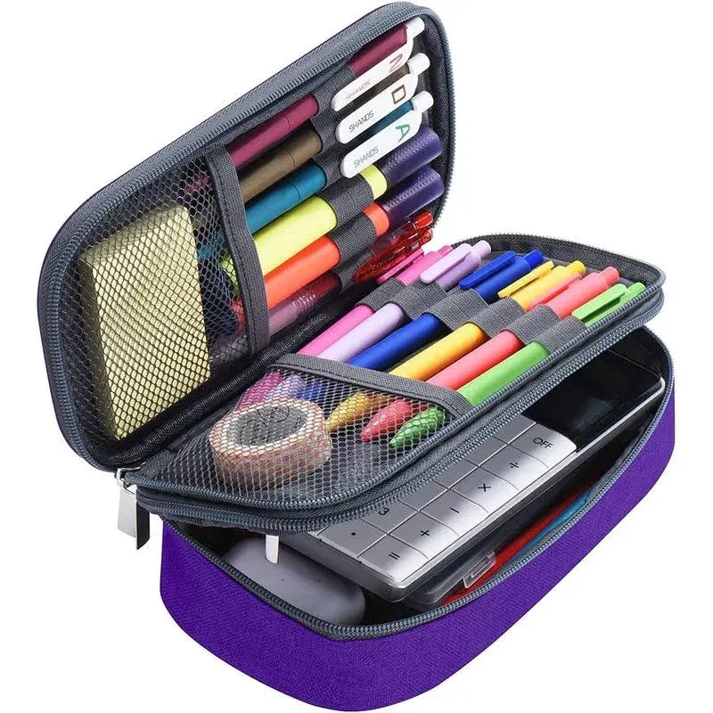 Zcassi Big Capacity Pencil Case 3 Compartments Canvas Bag Purple 