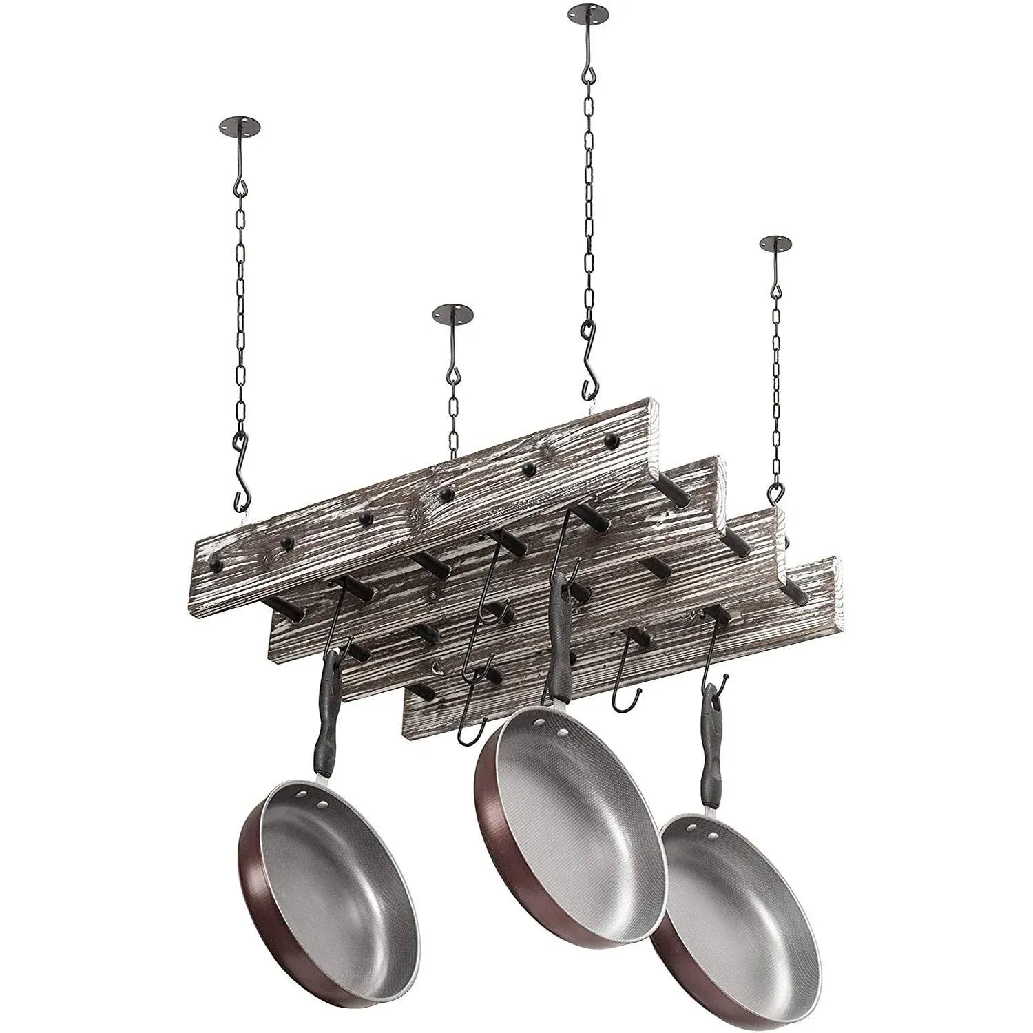 8-Hook Ceiling Mounted Pipe &amp; Torched Wood Hanging Pots and Pan Rack