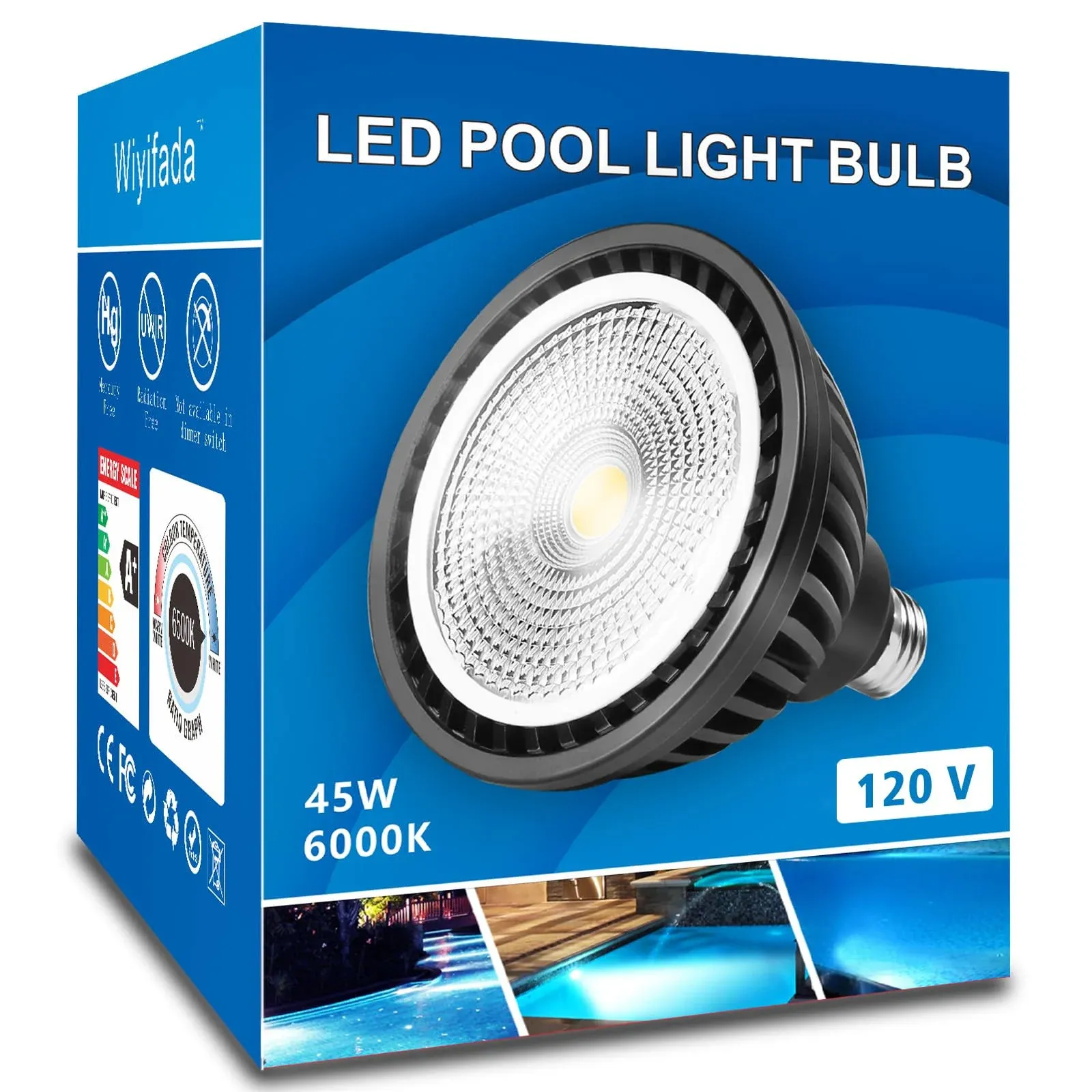 Wiyifada LED Pool Light Bulb 45W 120V 6000K Daylight White LED Swimming Pool Light Bulb E26 Base Replaces Up to 200-600W Traditionnal Bulb