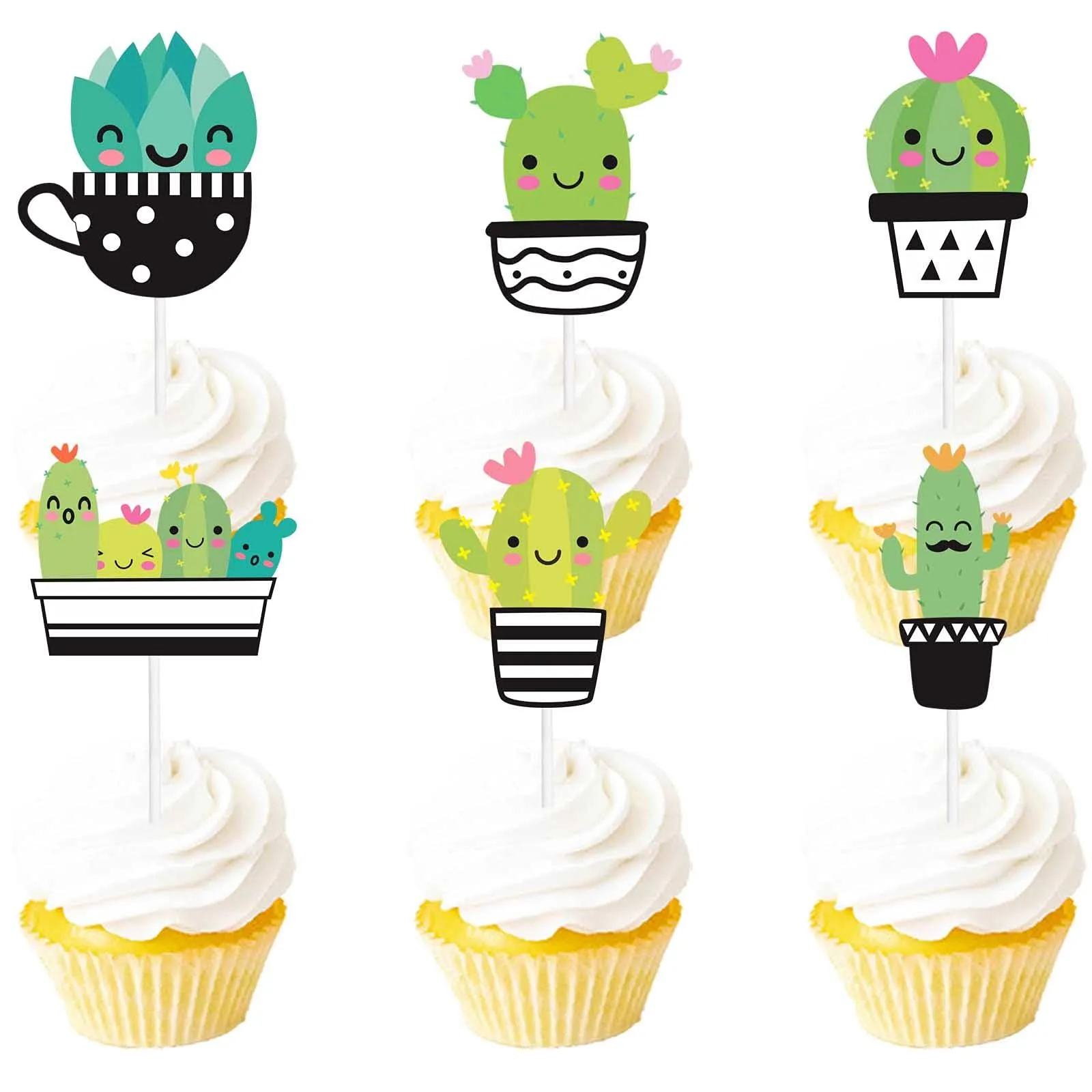 18pcs Green Glitter Cactus Dessert Cupcake Topper Set for Mexican Fiesta Birthda