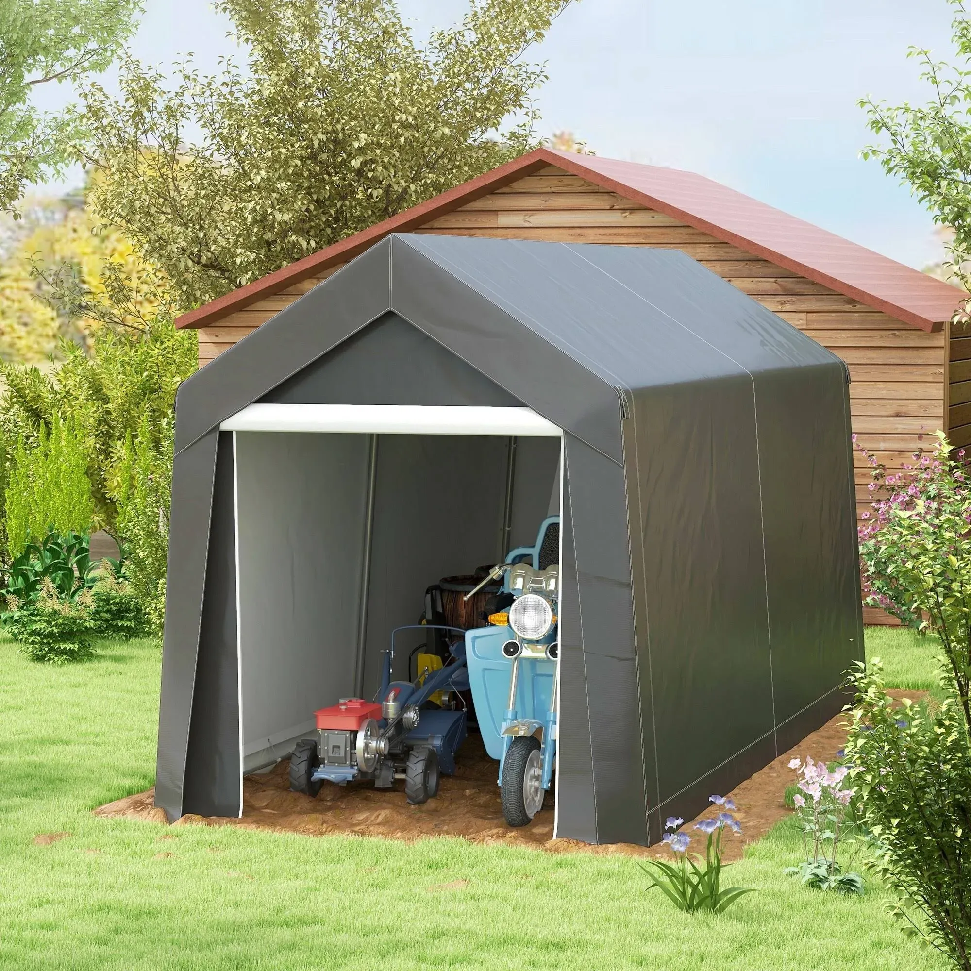 Outsunny Galvanized 7&#39; x 12&#39; Outdoor Storage Tent, Heavy Duty and Waterproof Portable Shed for Bike, Motorcycle, Tools, Gray