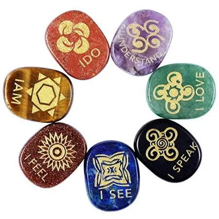 mookaitedecor 7 Piece Chakra Stones Engraved English Symbols Polished Palm Stones for Reiki Crystal Healing