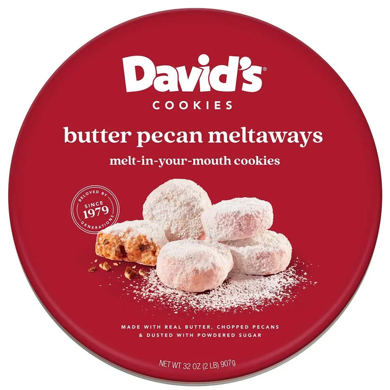 David’s Cookies Gourmet Butter Pecan Meltaway Cookies Gift Basket – 32oz Round Tin Butter Cookies with Crunchy Pecans and Powdered Sugar – All-Natural Ingredients – Kosher Recipe – Ideal Gift for Corporate Birthday Fathers Mothers Day Get Well and Other 