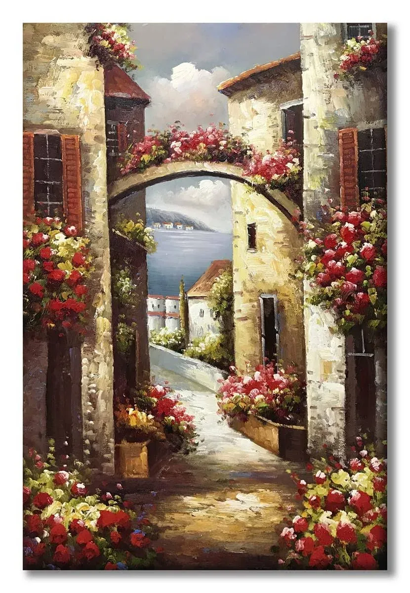 Paimuni 100% Hand Painted Canvas Wall Art Italy Town Mediterranean Tuscany Se...