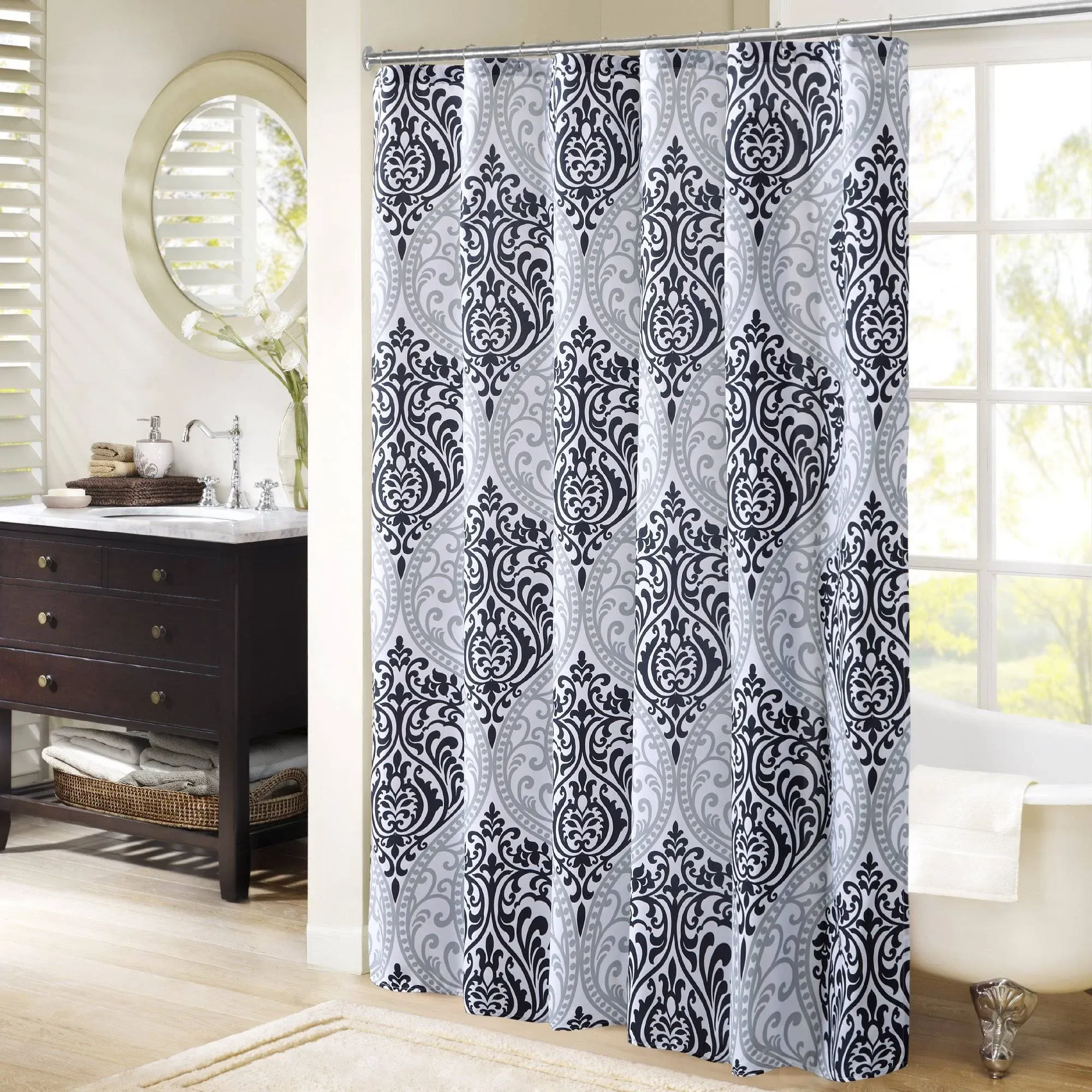 Comfort Spaces Coco Microfiber Black/White Printed Damask Shower Curtain, 72 ...