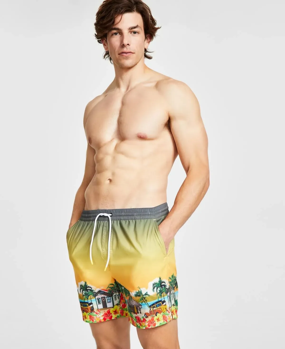 Guess Men's Hawaii Tropical Print Drawstring Swim Trunks - Tropical Landscape