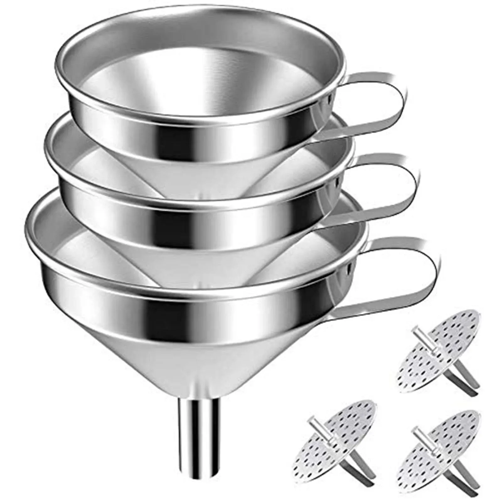 Milky House Large Funnels 3pcs Set Metal Stainless Steel with 3 Pack Removable Strainer, for Kitchen Transfer Liquid Filter Essential Cook Oils Fluid Spice Dry