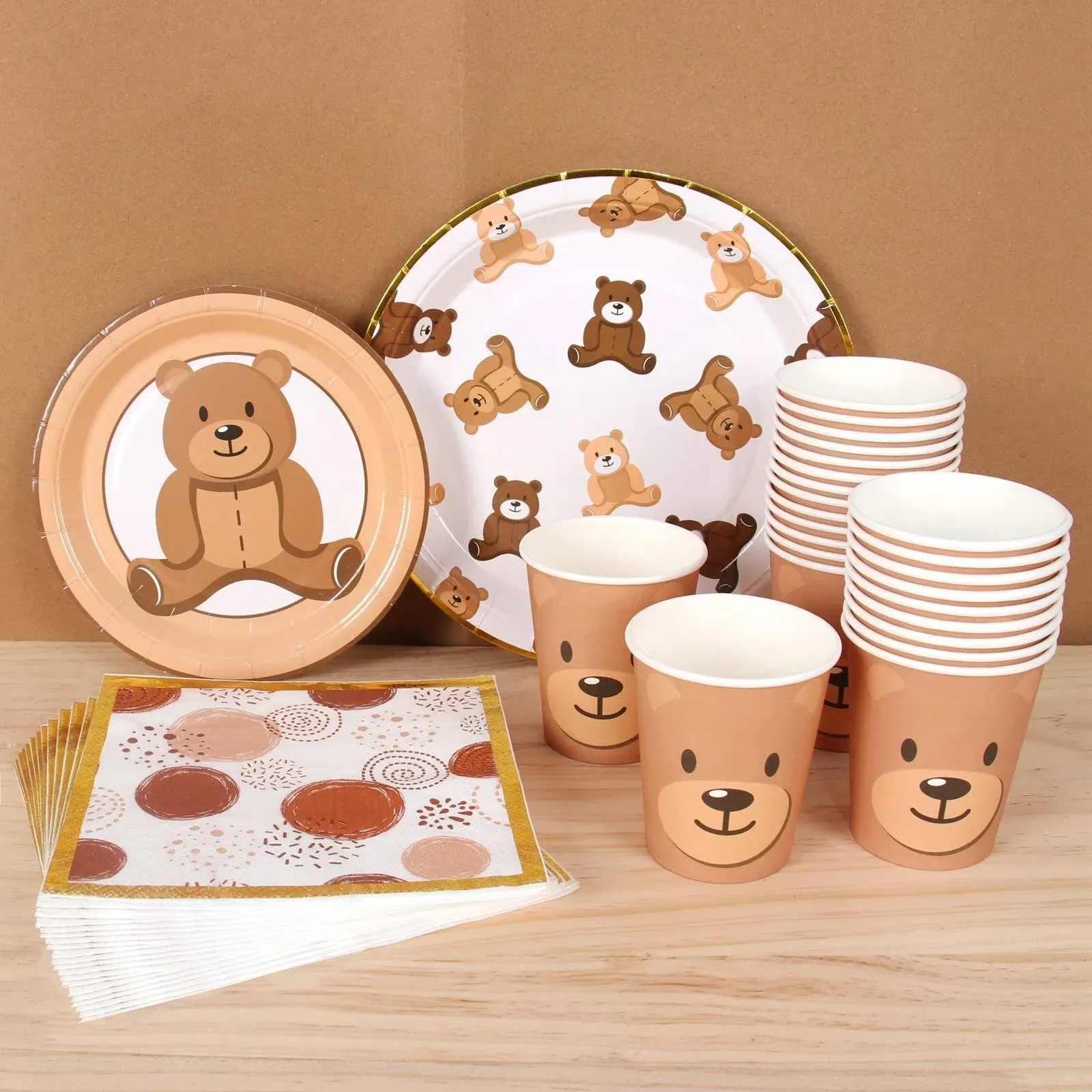 Brown Teddy Bear Baby Shower Plates - Teddy Bear Paper Plates,Disposable Cups,Napkin with Firework Pattern in Golden Border for 24 Teddy Bear Theme Party Supplies ,Baby Shower Wedding Birthday Party