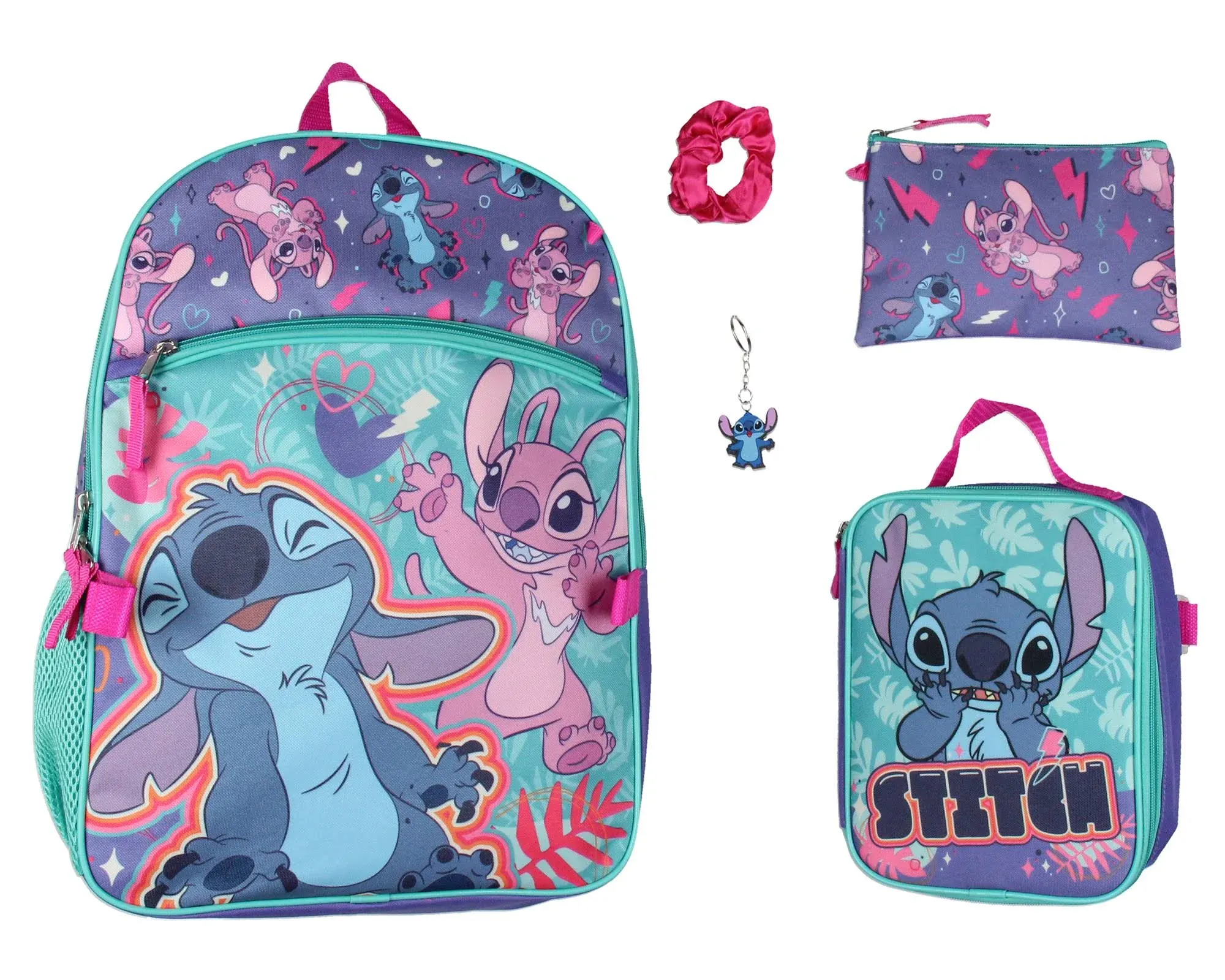 Disney Lilo and Stitch Angel 5 Pc Set Backpack Lunch Box Key Chain Pencil Case