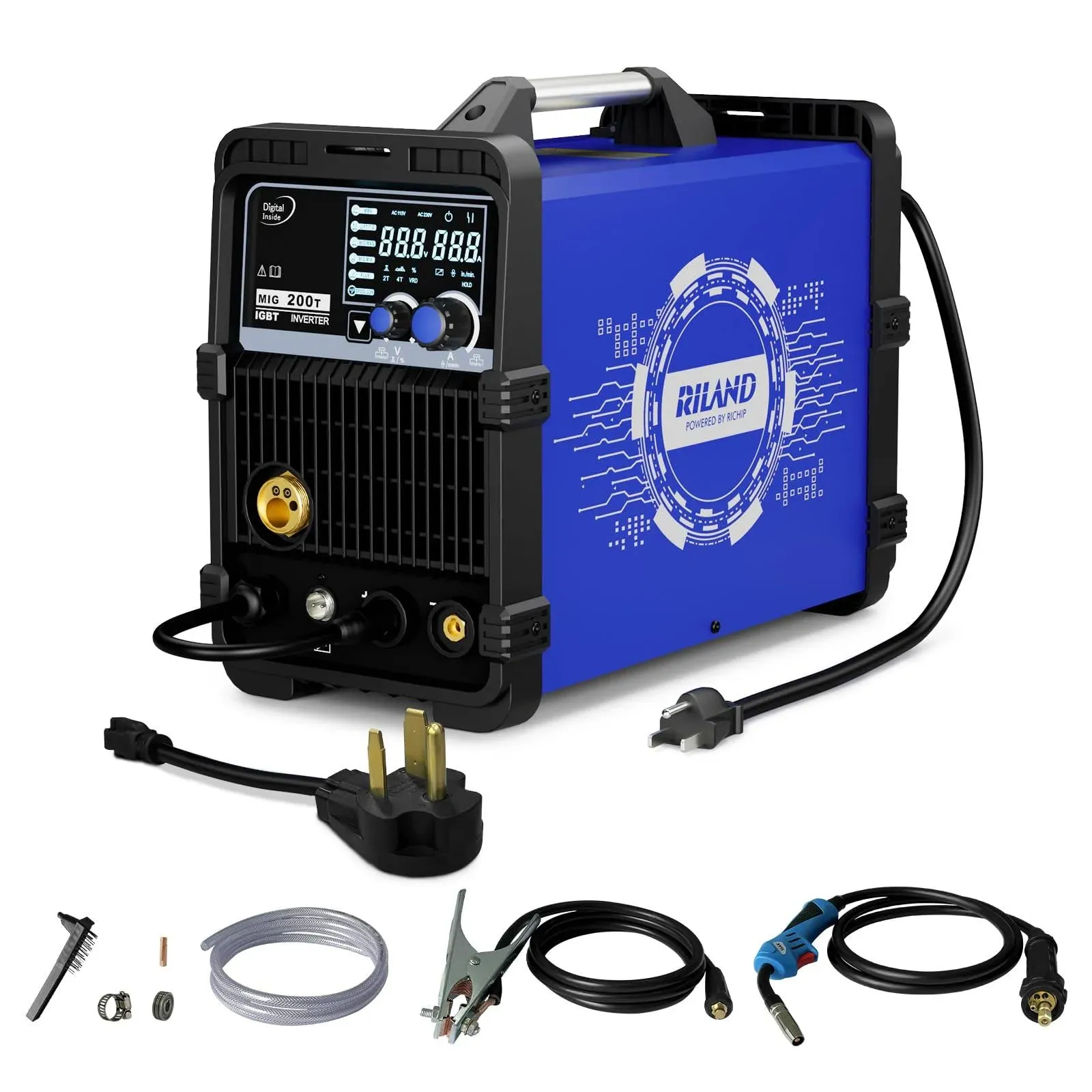 RILAND MIG Welder 200Amp 6 in 1 Gas MIG/Gasless Flux Core MIG/Stick/Lift TIG/Spot Welding/Spool Gun 110V/200V Aluminum Multi Process Welding