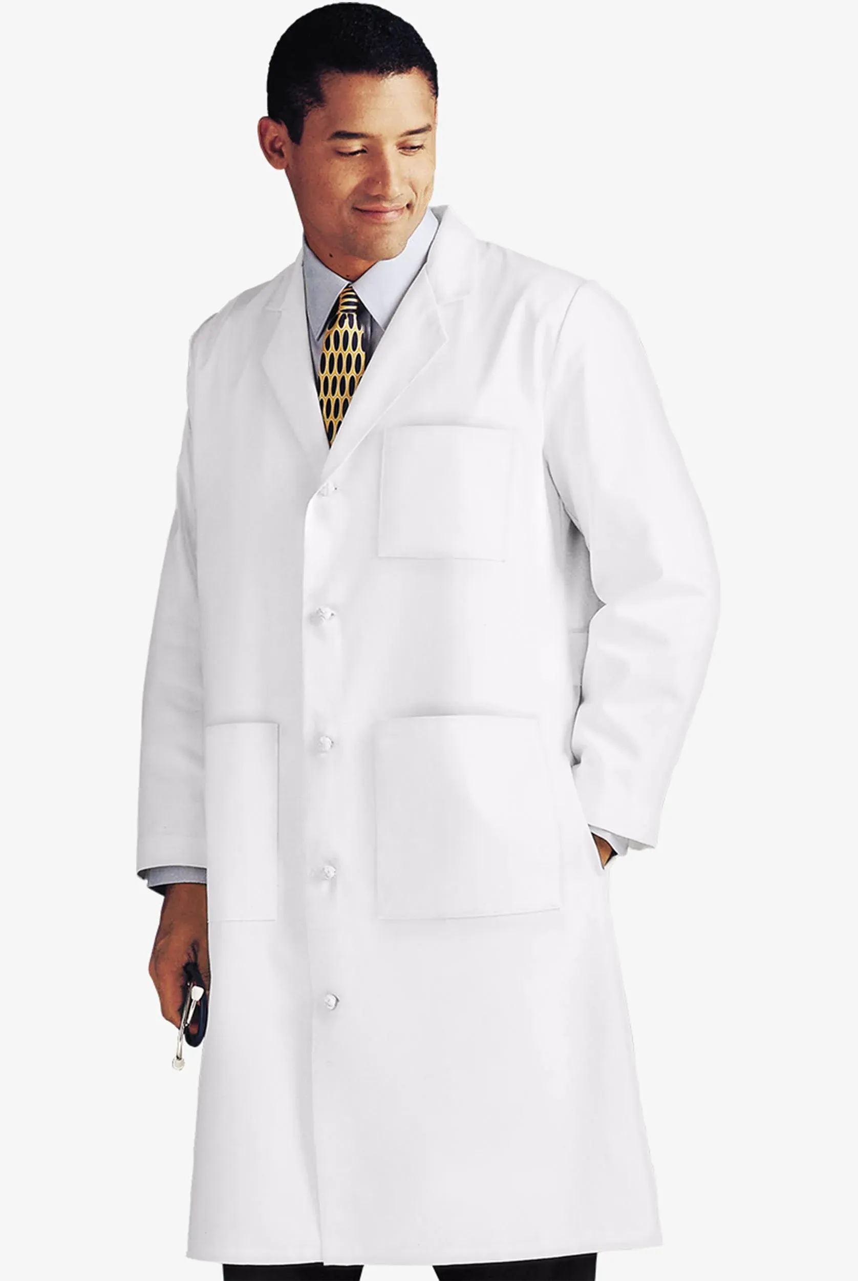 Landau Men Full Length Size 38 Lab Coat White Loose Fit 5-Knot Buttons 3 Pockets