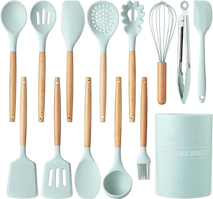 Silicone Cooking Utensils 14 Pc Kitchen Utensil Set Easy to Clean Wooden Kitch..