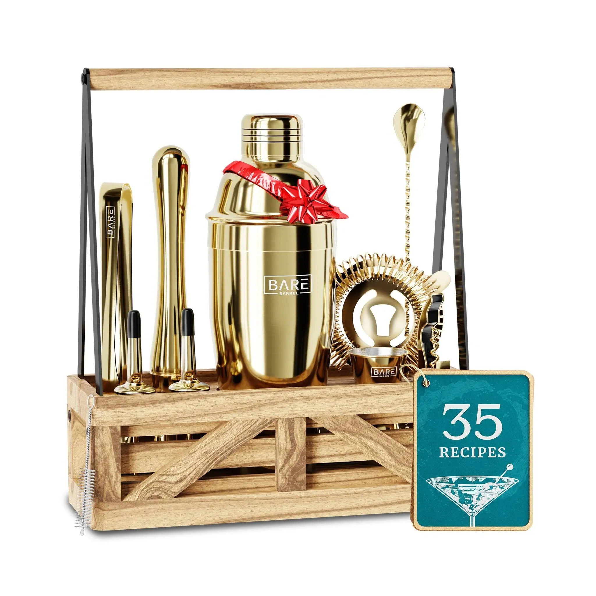 BARE BARREL® Mixology Bartender Kit Bar Set | Martini Cocktail Shaker Set | Barware Mixing Tools for Home Bartending | Farmhouse Rustic Portable Caddy & 35 Recipe Cards | Gift Set (Gold)