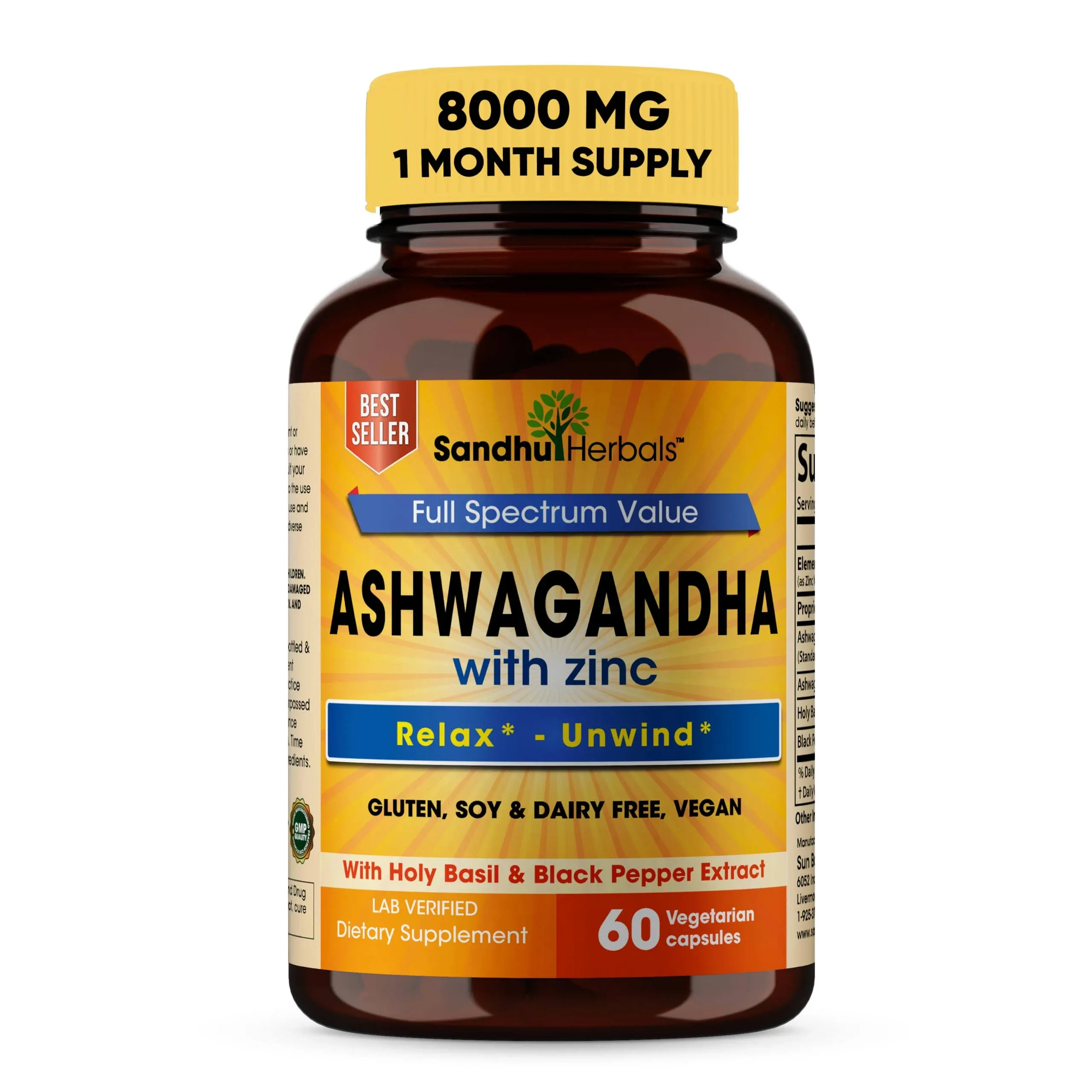 SANDHUHERBALS Sandhu Herbals Ashwagandha with Zinc Black Pepper Extract Ashwagandha Powder Supplement 60 Vegetarian Capsules