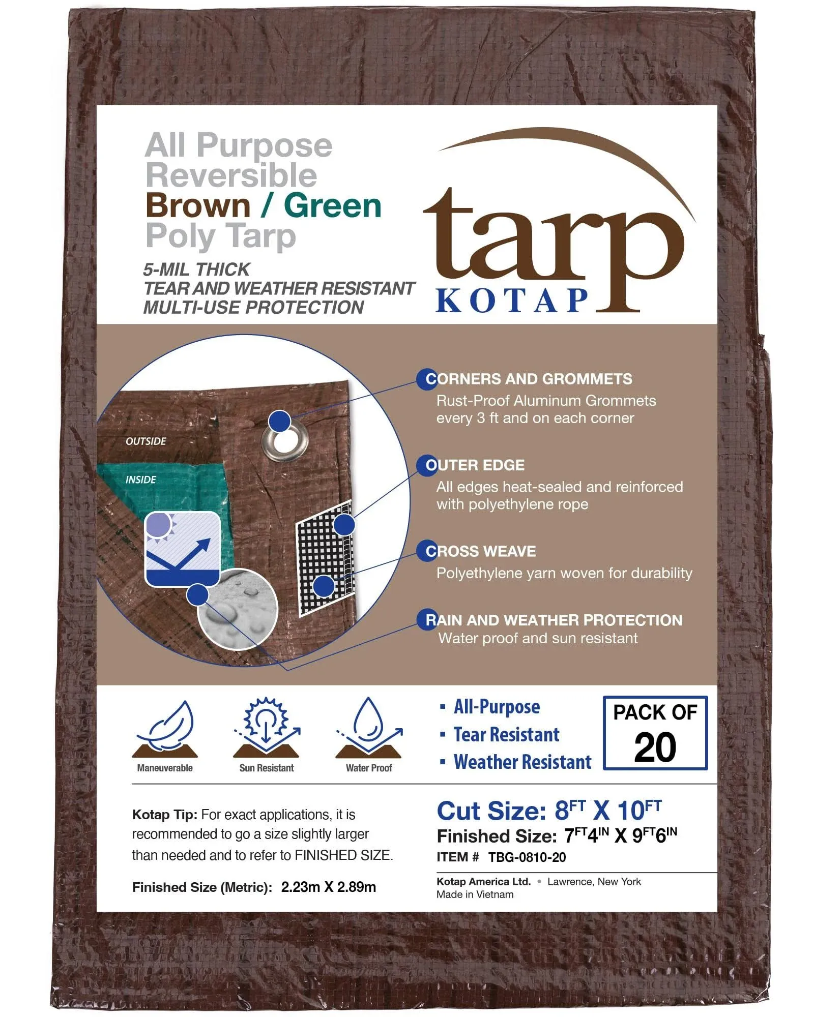 Kotap TBG-0810-20 All Purpose Reversible Poly Tarp, 8 ft. x 10 ft, Brown-Green ...