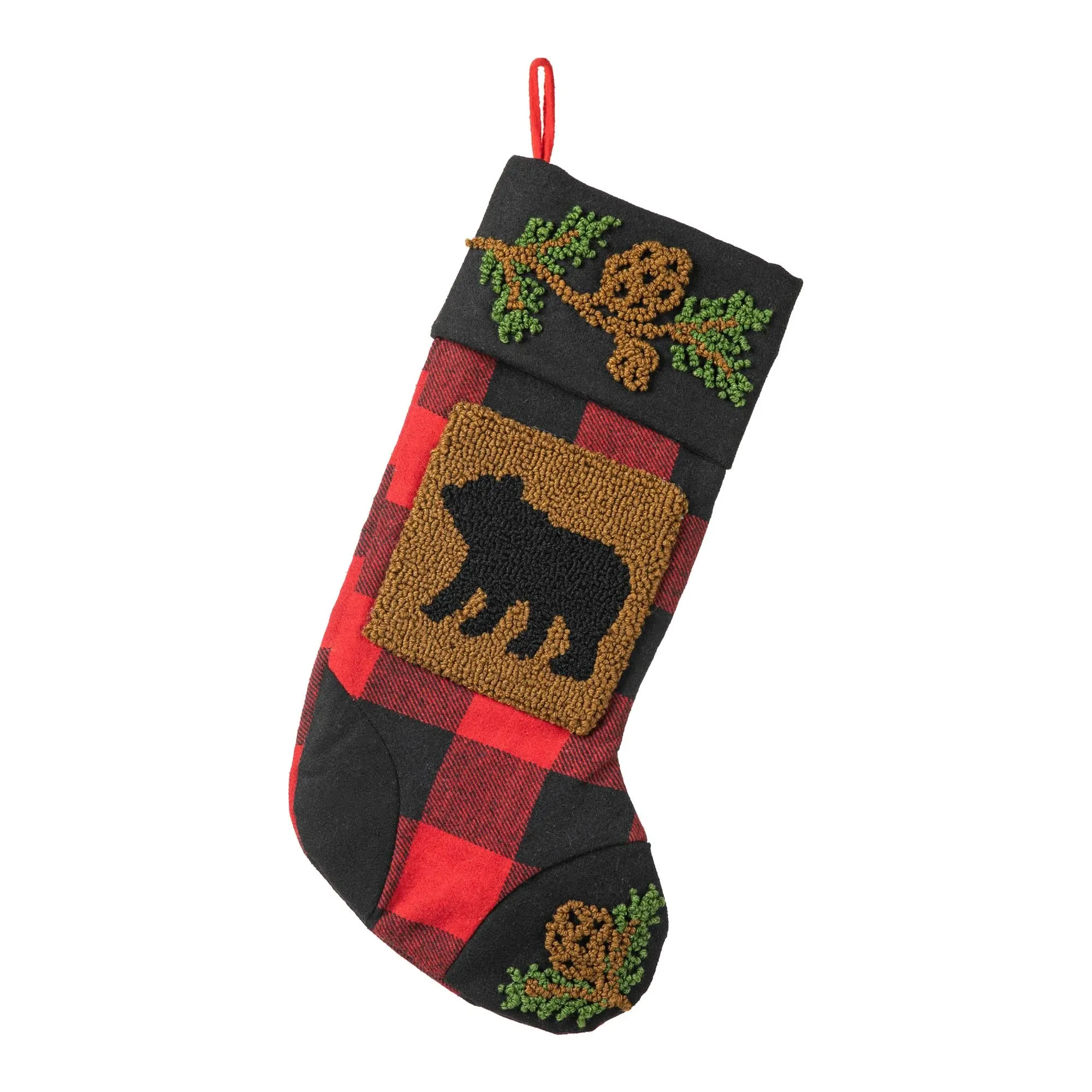 Glitzhome Plaid Stocking with Rug Hooked Bear