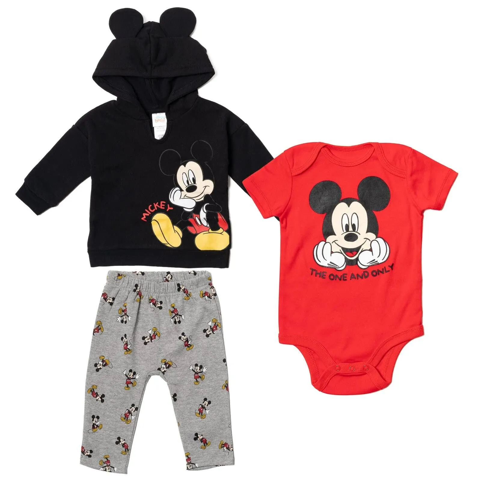 Disney Classics Mickey Mouse Winnie The Pooh Baby Hoodie Bodysuit and Pants 3 Piece Outfit Set Newborn to Infant