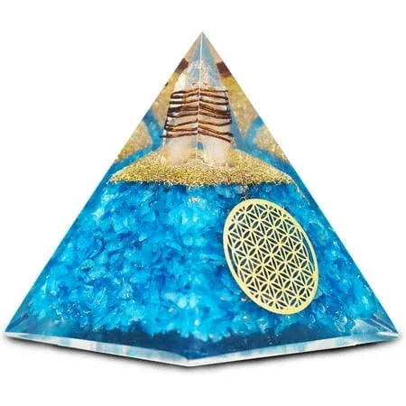 Aquamarine Orgonite Pyramid, Healing Crystal Pyramid, Pyramid Crystal Gemstone Pyramid for Meditation, Motivation, Positivity - Handmade in India